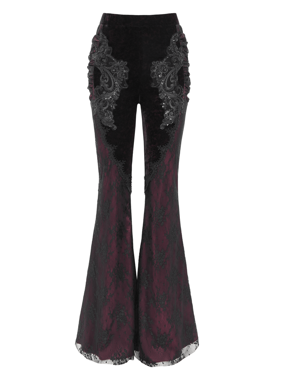 Women's velvet flare pants featuring lace and applique detail, ideal for gothic fashion and dark boho style.