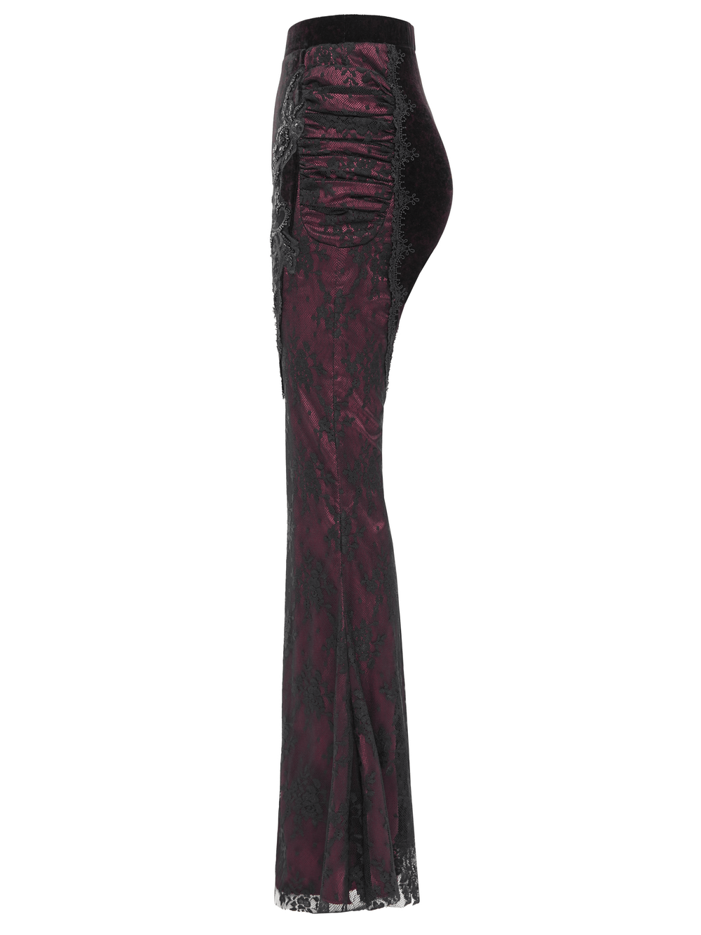 Gothic women's velvet flare pants with black lace overlays and intricate embroidery for a dramatic, vintage-inspired look.
