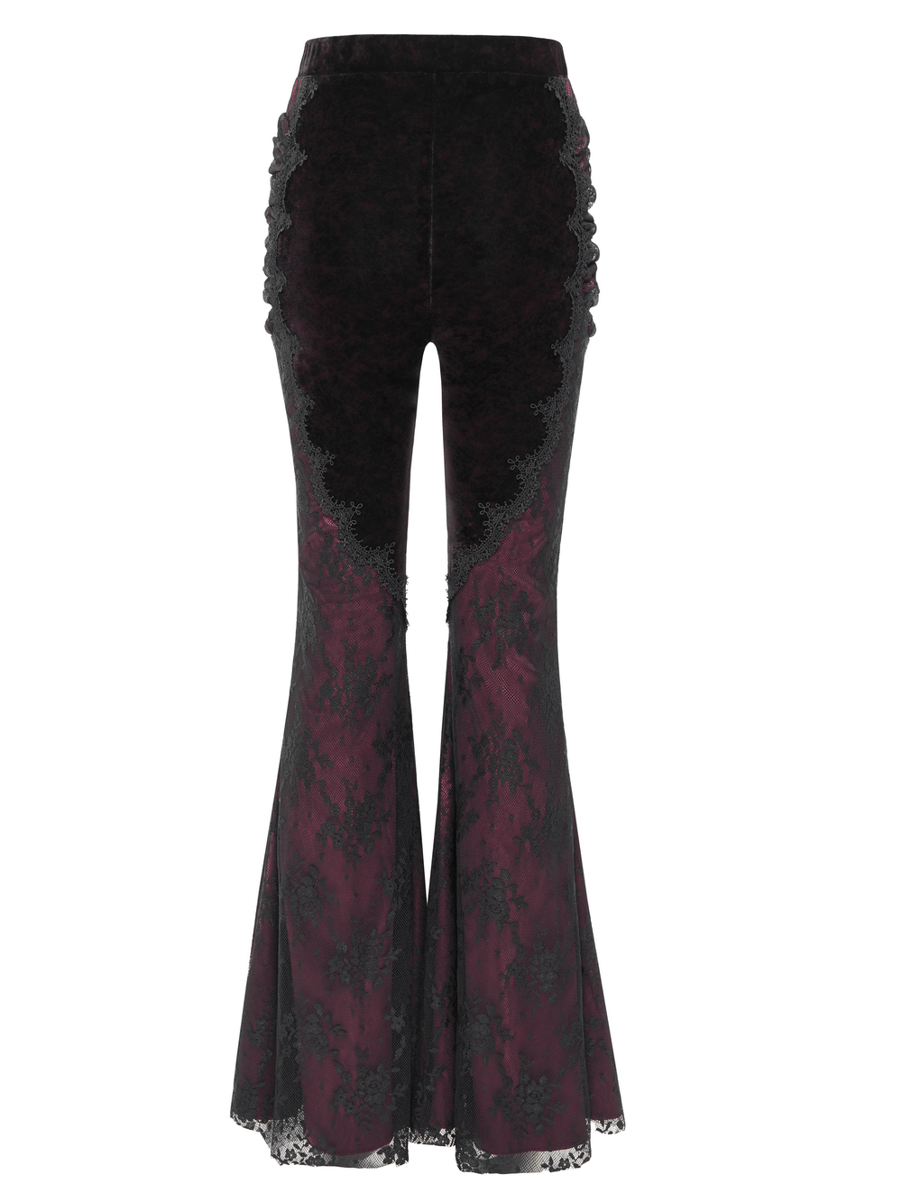 Gothic women's velvet flare pants with black lace and appliqué details for a vintage-inspired look.