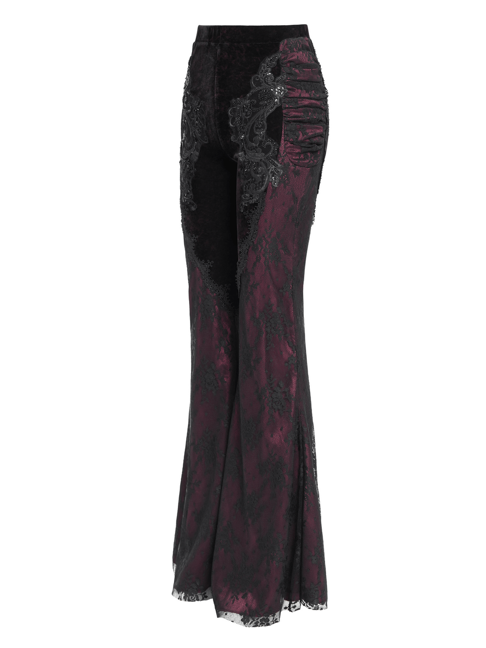 Gothic women's velvet flare pants in dark burgundy with lace and embroidery detailing, perfect for boho or witchy style.