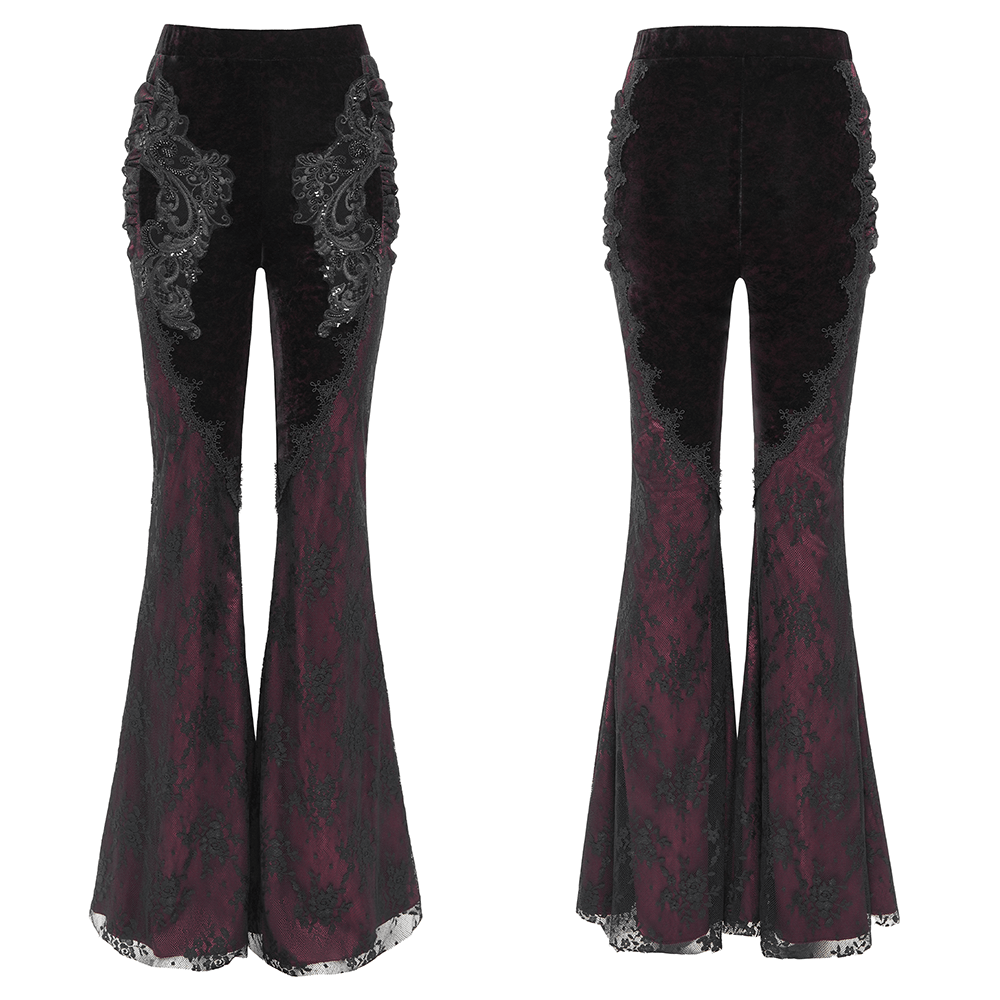 Gothic women's velvet flare pants with lace and applique detail, perfect for boho style and night outings.