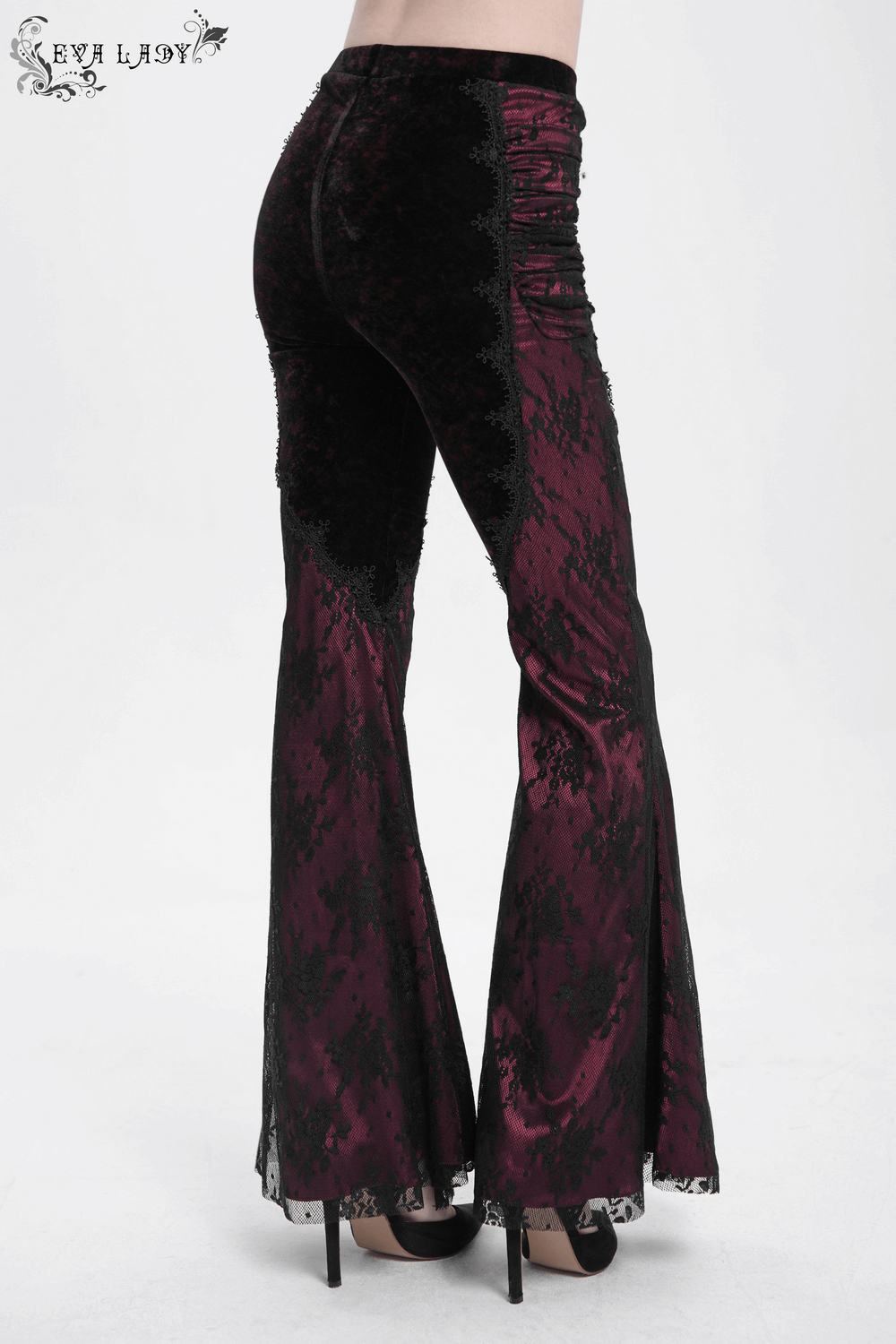 Dark boho velvet flare pants featuring lace and embroidery, perfect for gothic fashion and festivals.