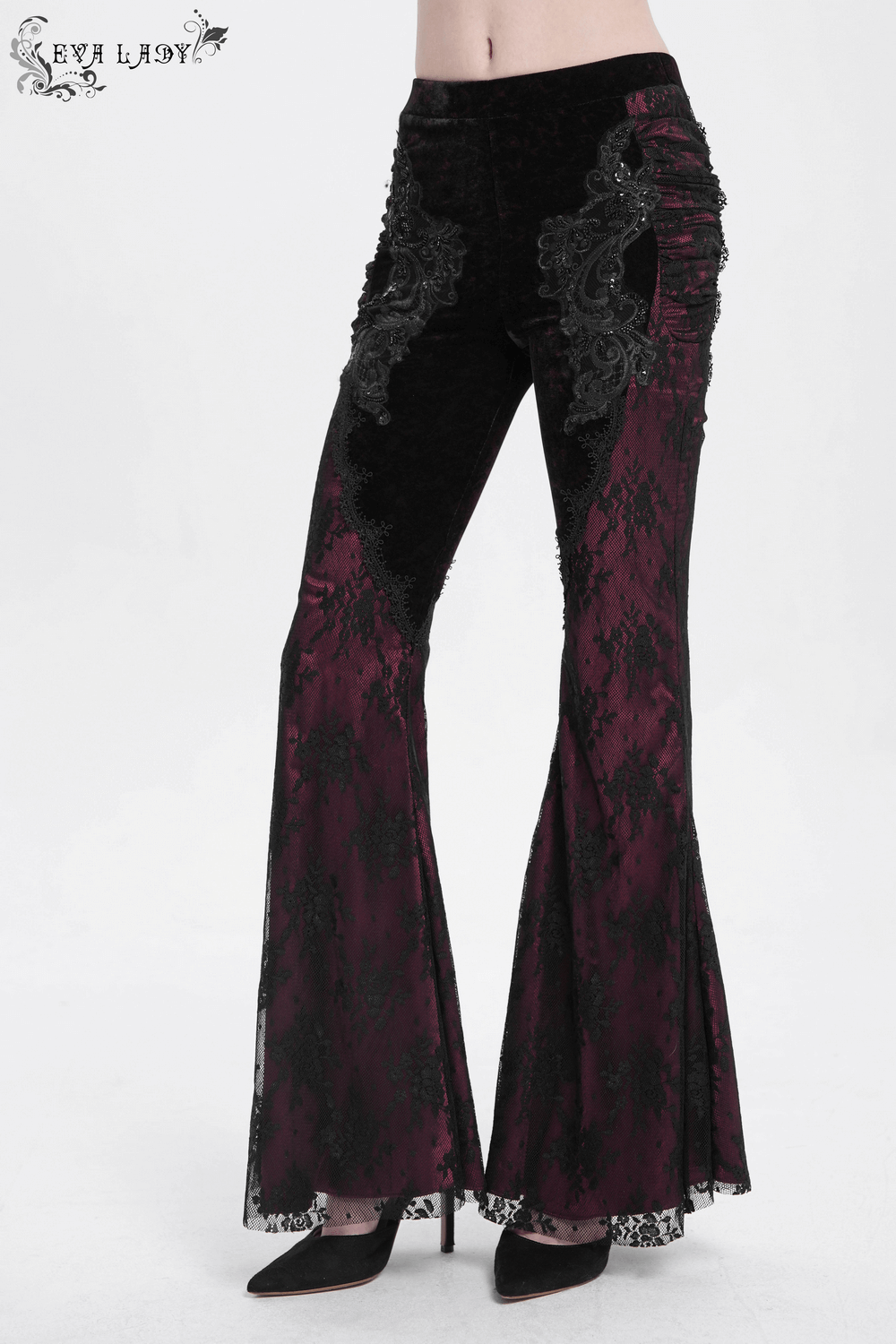Women's velvet flare pants in black and burgundy with lace and applique detail, perfect for gothic and boho fashion.