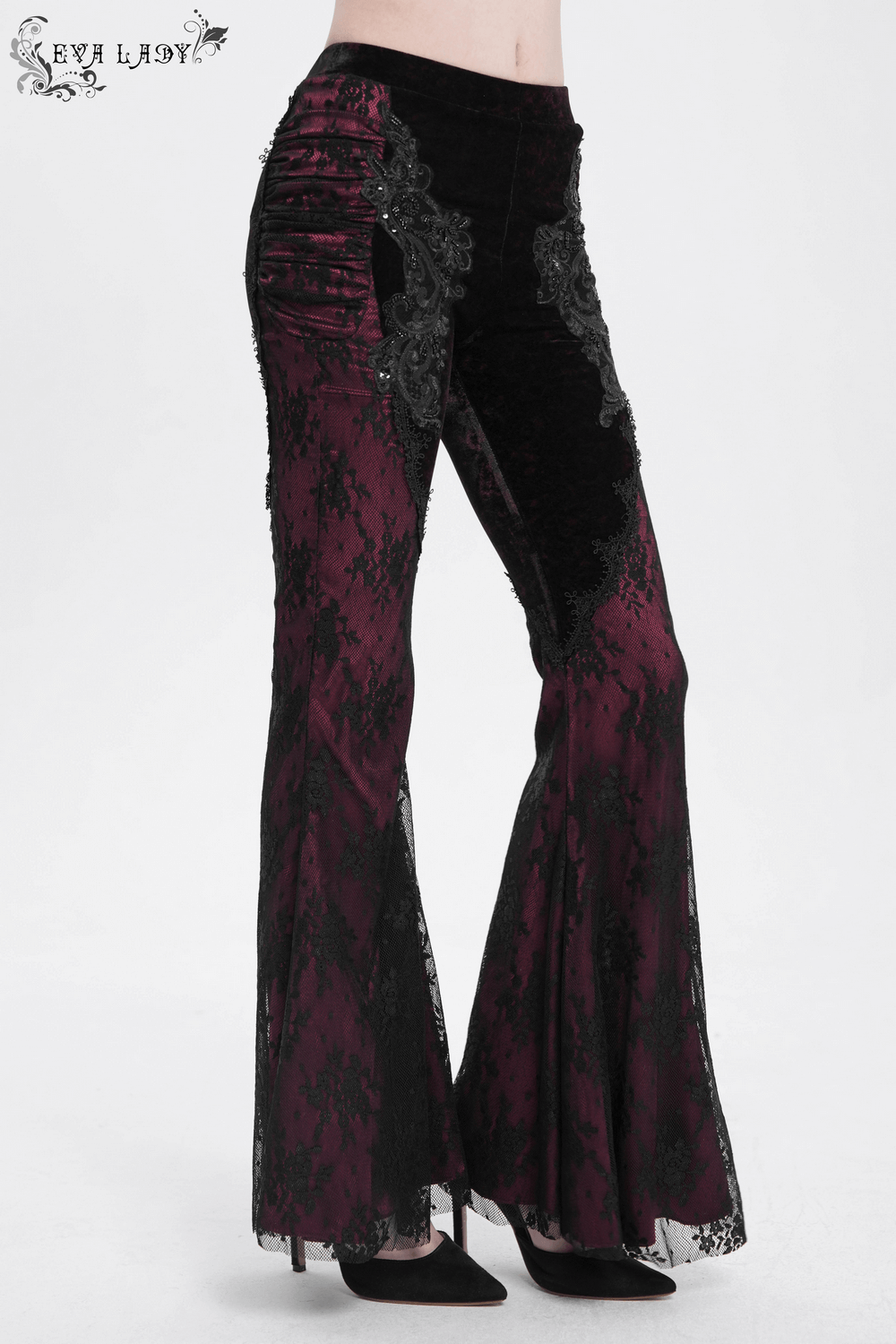 Women's gothic velvet flare pants with lace and applique detail, perfect for boho fashion and night outs.