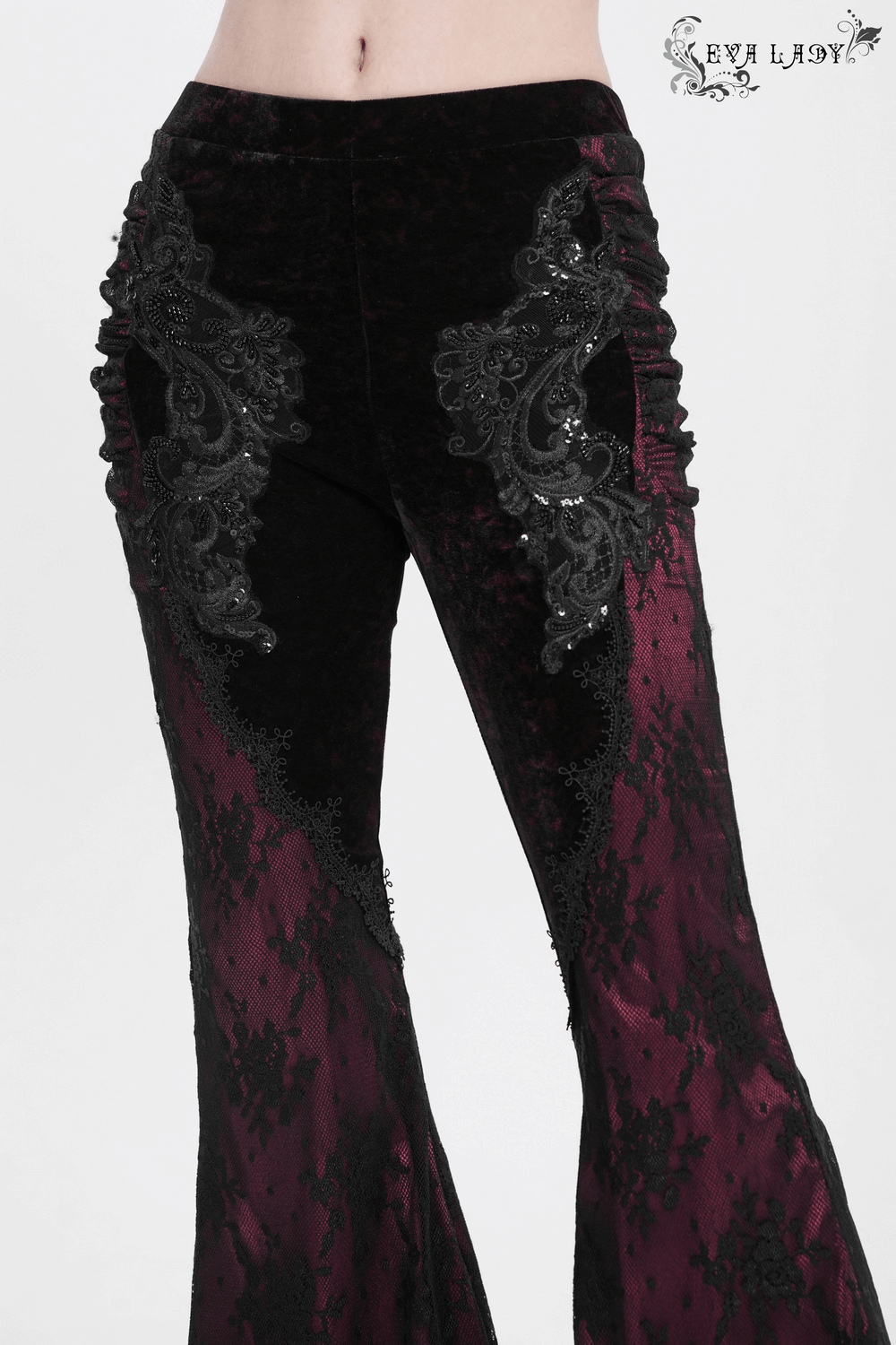 Women's gothic velvet flare pants with lace and embroidered appliques for dark boho style.