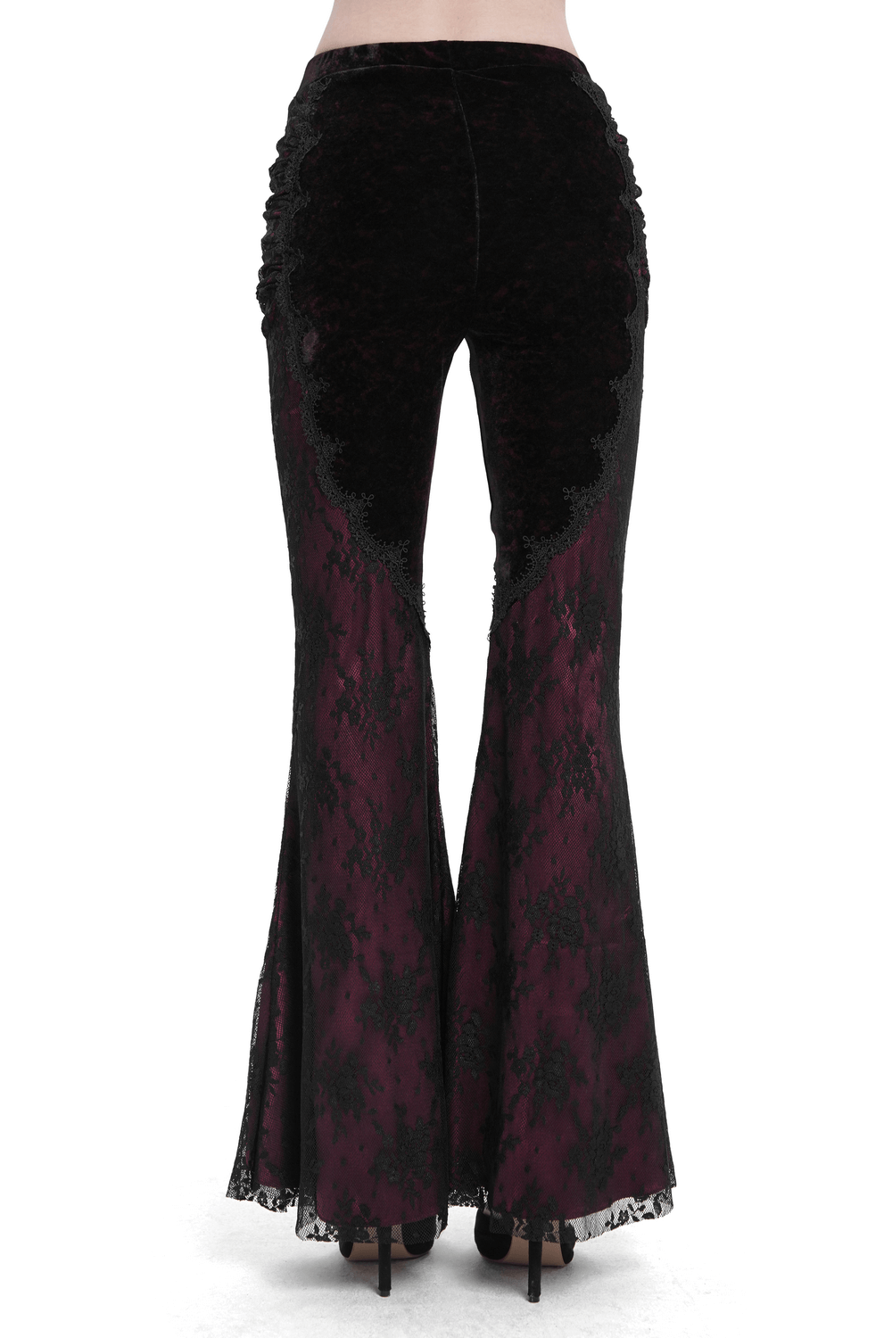 Gothic women's velvet flare pants with lace overlay and ruched details, perfect for dark boho and witchy fashion.