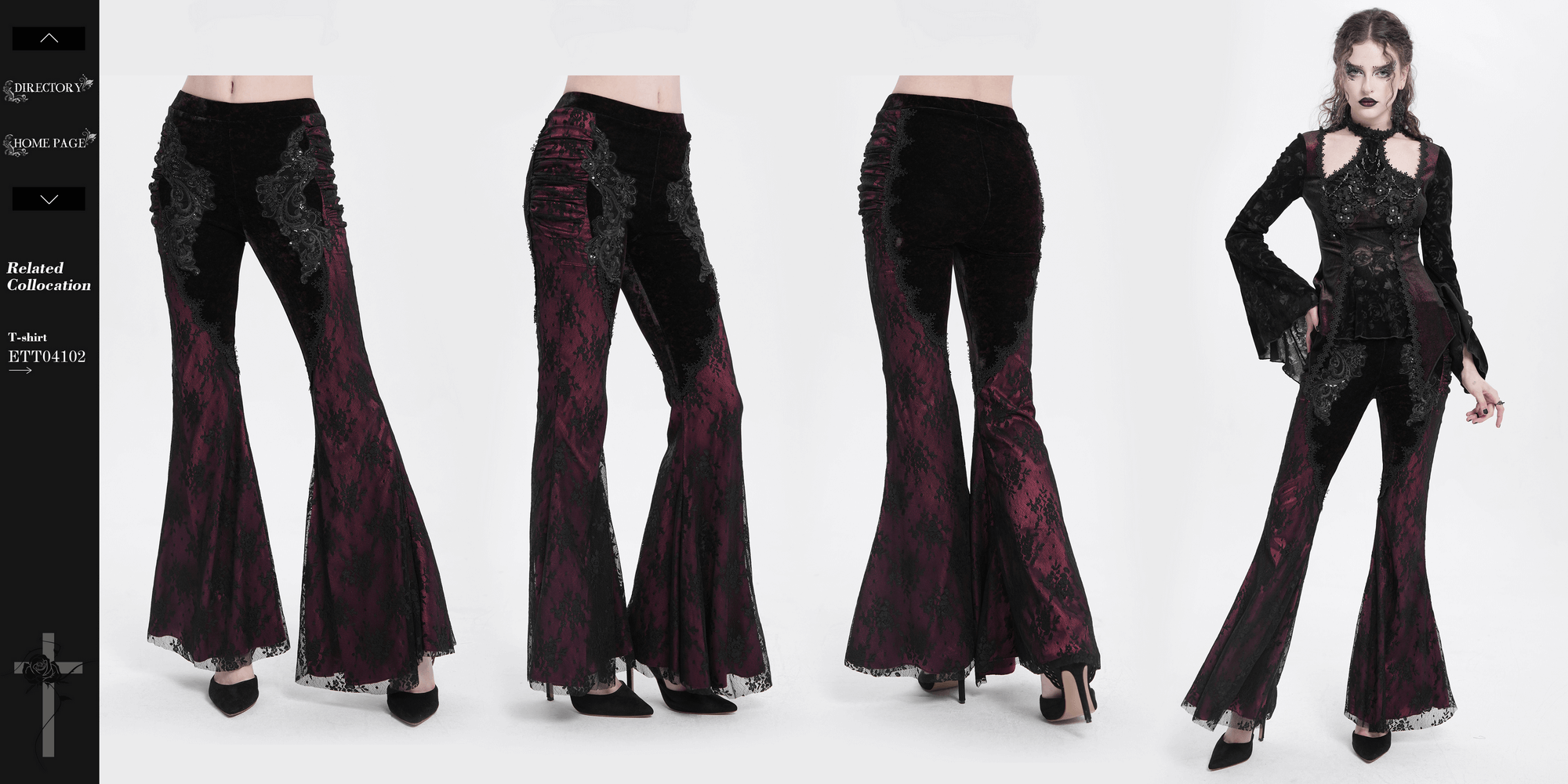 Women's velvet flare pants in dark boho style featuring lace overlays and appliques, perfect for gothic fashion and festivals.