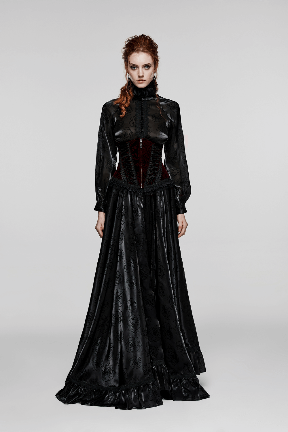 Women's gothic corset dress in black velveteen with lace accents, showcasing vintage charm and dark romance.