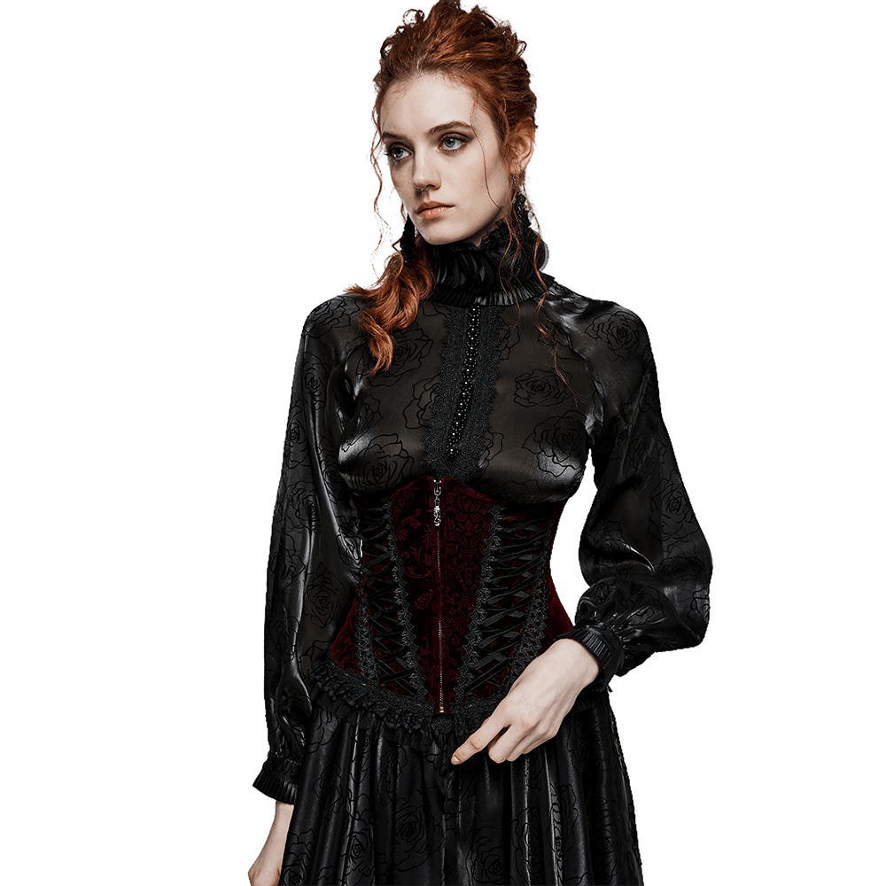 Gothic corset with lace accents and velvet fabric on a model, showcasing vintage allure and intricate details.