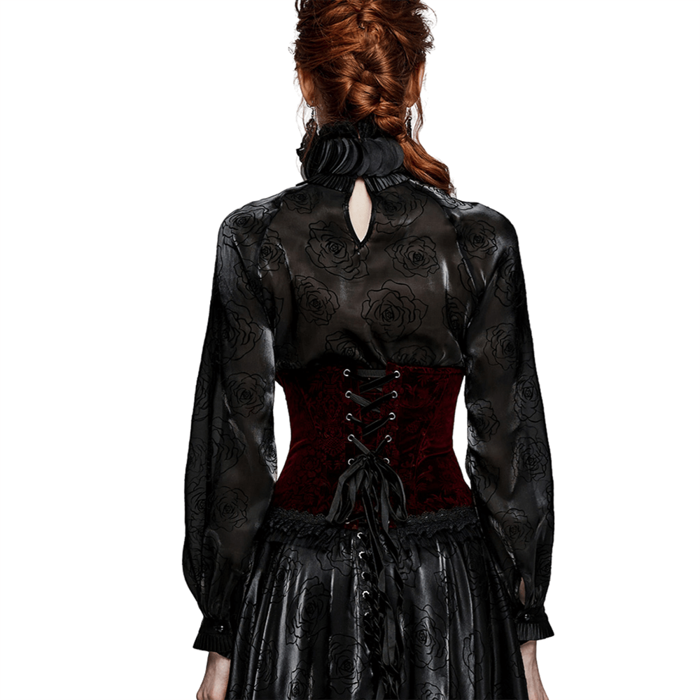 Back view of a woman in a gothic velvet corset with lace accents and a sheer blouse, showcasing romantic gothic style.
