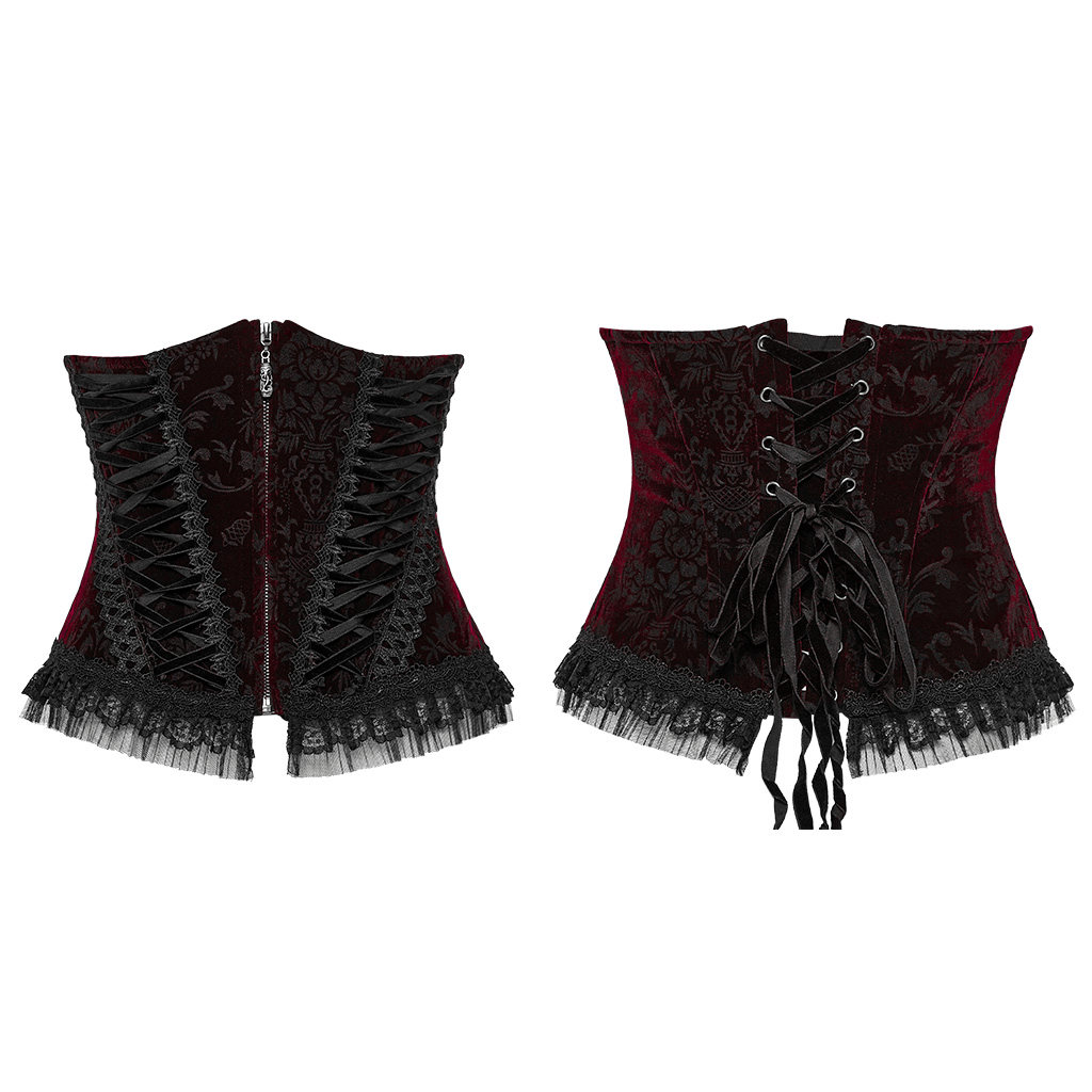 Elegant women's velvet gothic corset featuring lace accents and adjustable tie-back, showcasing vintage allure.
