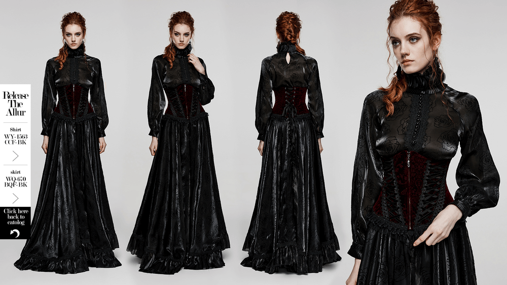 Women's velvet gothic corset dress with lace accents in black, showcasing a vintage allure and elegant design.
