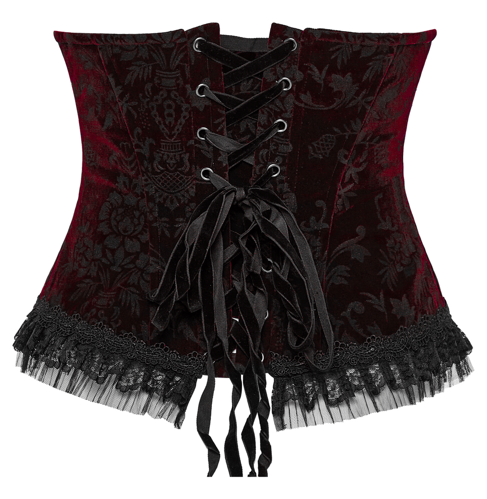 Women's Gothic velvet corset with lace accents and adjustable tie-back for a perfect fit.