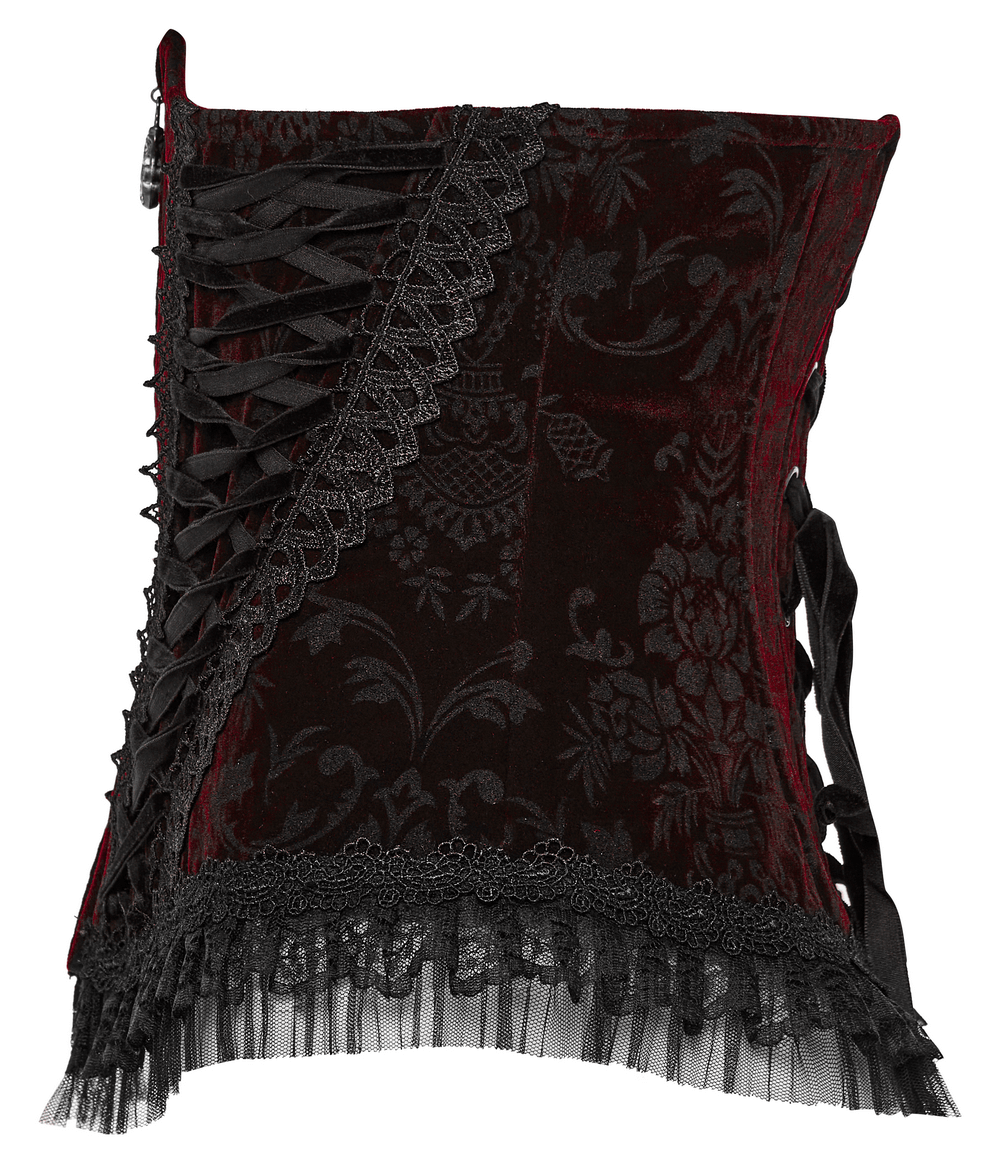 Women's velvet gothic corset with lace accents, front zipper, and adjustable tie-back for the perfect fit.