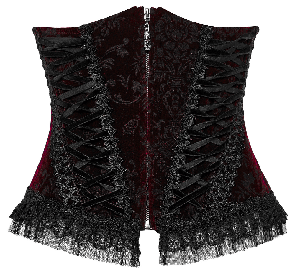 Women's gothic velvet corset with lace accents, zipper front, and adjustable tie-back for a perfect fit.