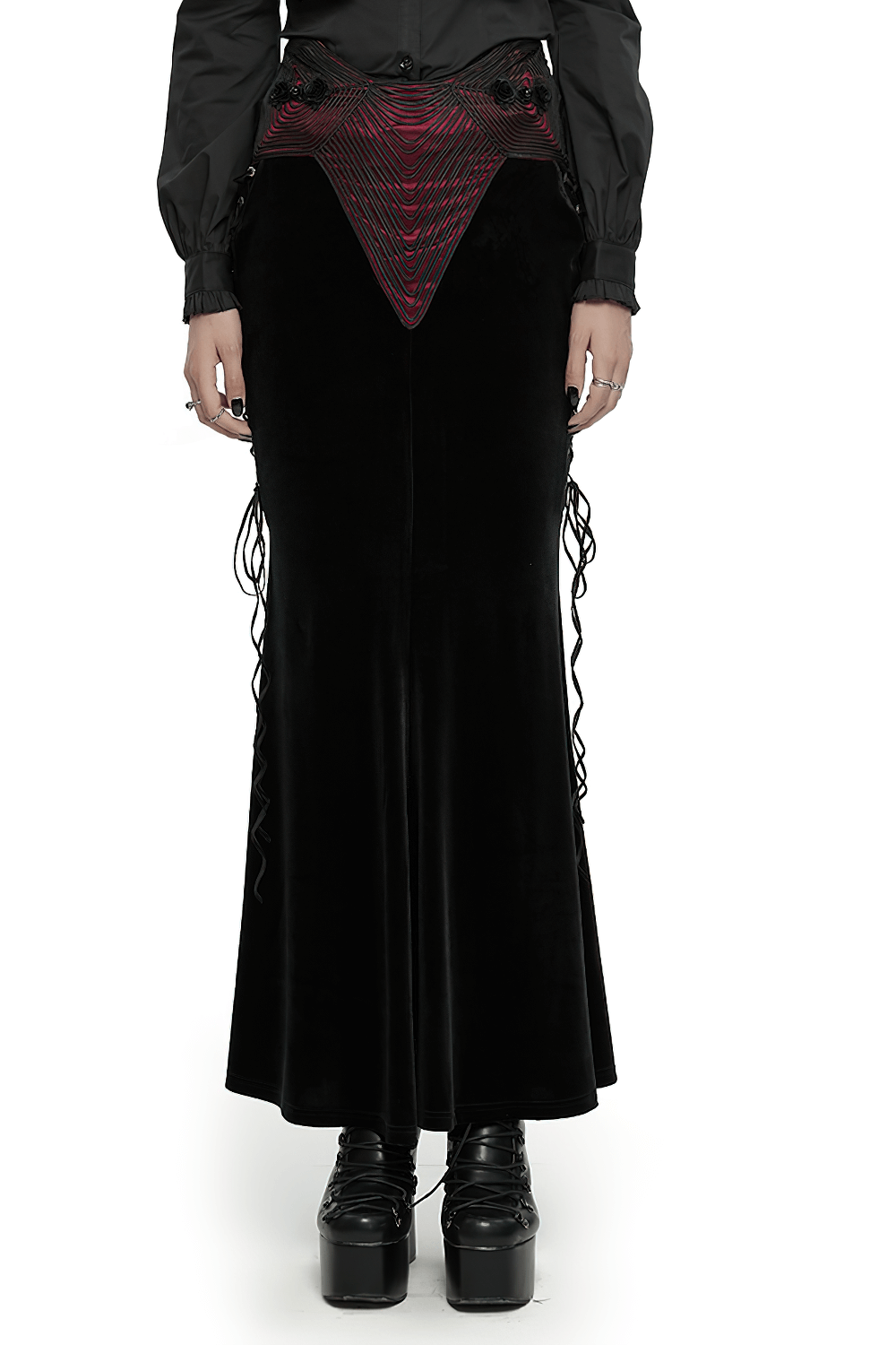 Black velvet goth fishtail skirt with burgundy buckle and stylish drawstrings for a chic silhouette.
