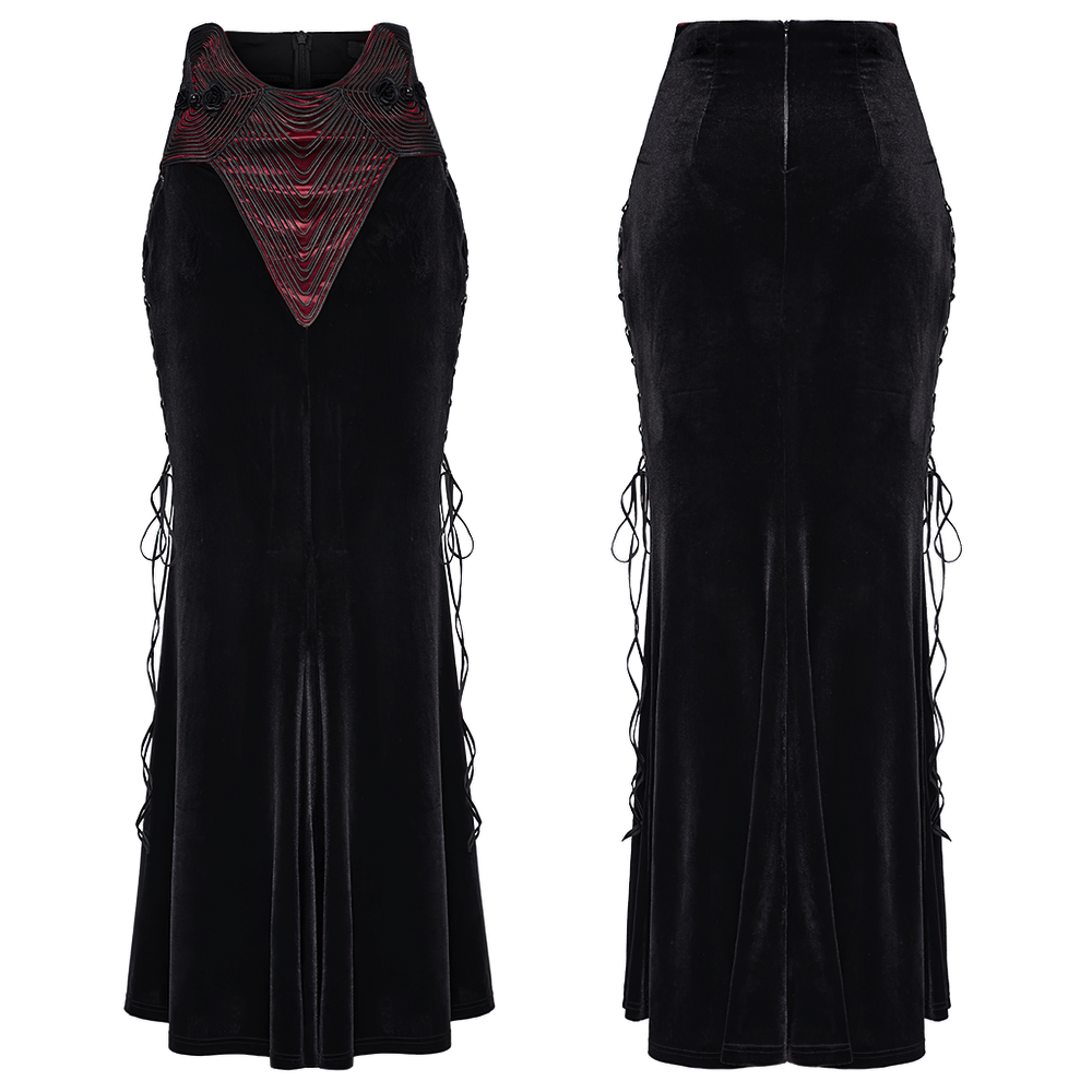 Black velvet gothic fishtail skirt with burgundy buckle and drawstrings, showcasing elegant silhouette and intricate embroidery.
