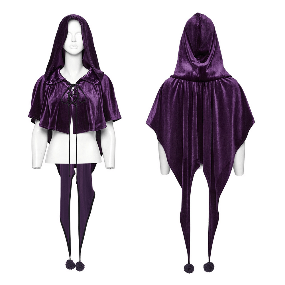 Purple velvet hooded cape with drawstring, fur ball tips, stylish minimalist elven design for fantasy or gothic wear.