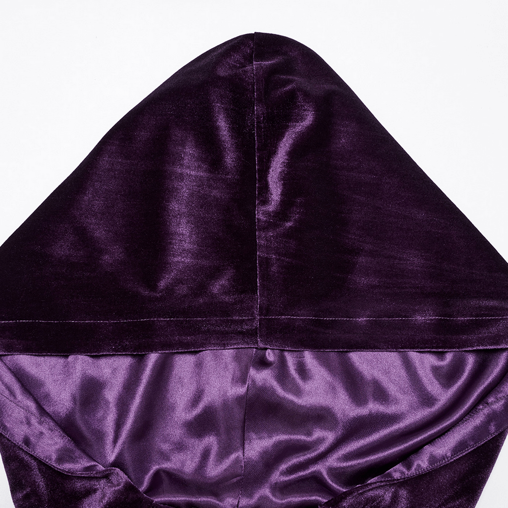 Women's purple velvet hooded cape showcasing soft fabric and elegant design, perfect for fantasy or gothic attire.