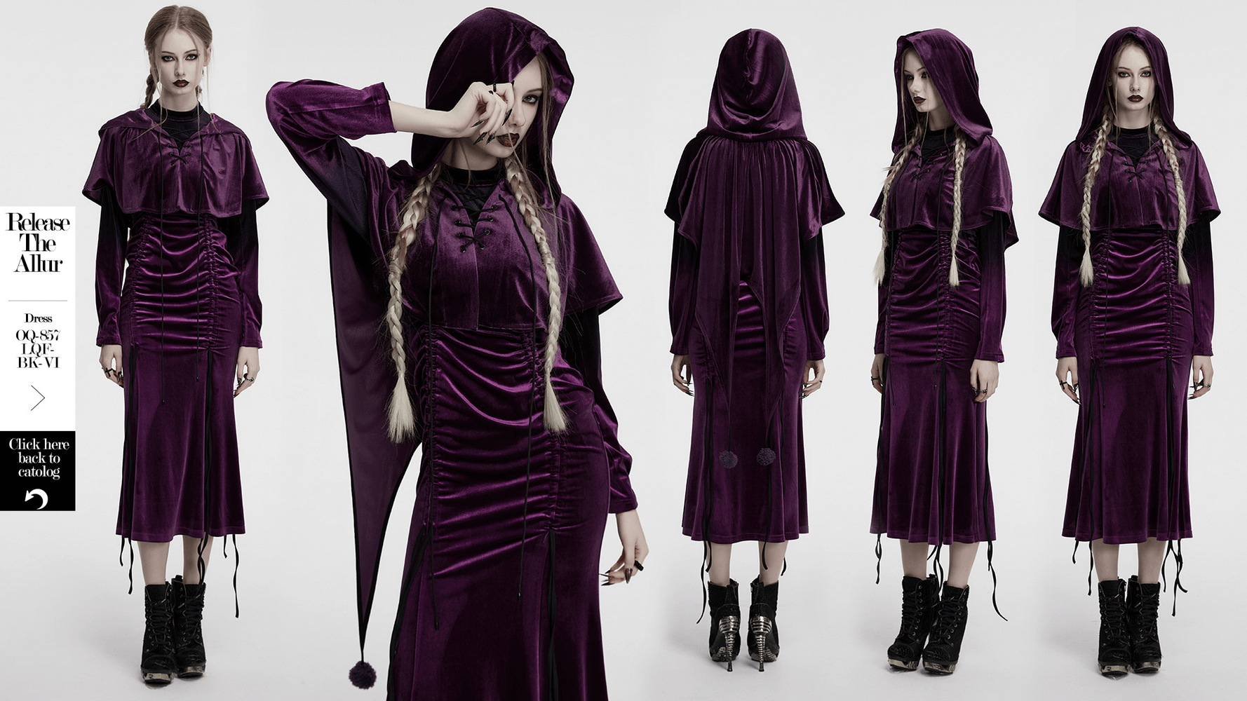 Women’s purple velvet hooded cape with fur ball tips, featuring a drawstring front and dramatic hemline for a fantasy style.