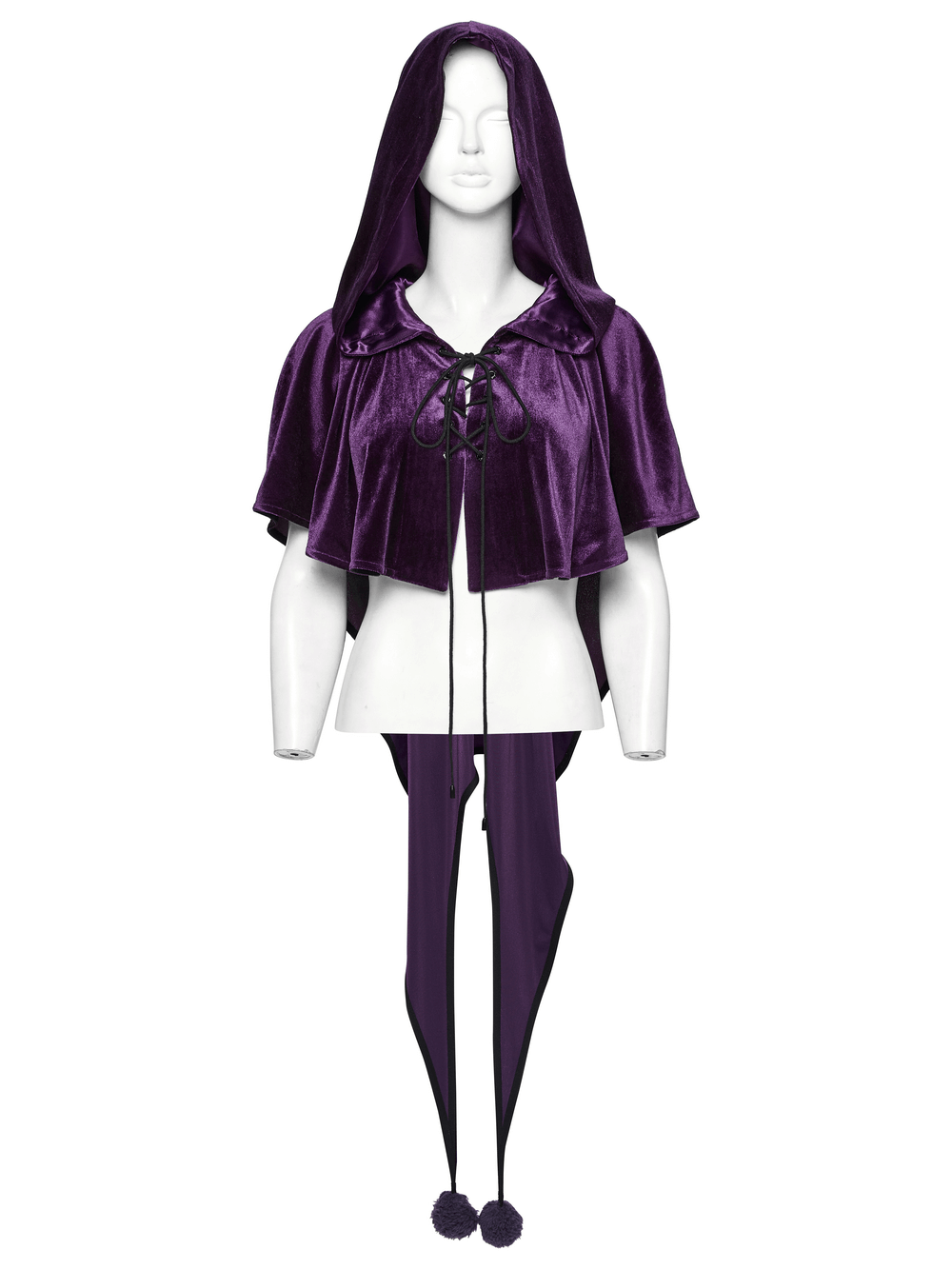 Purple women's velvet hooded cape with drawstring front and playful fur ball tips, perfect for fantasy or gothic looks.