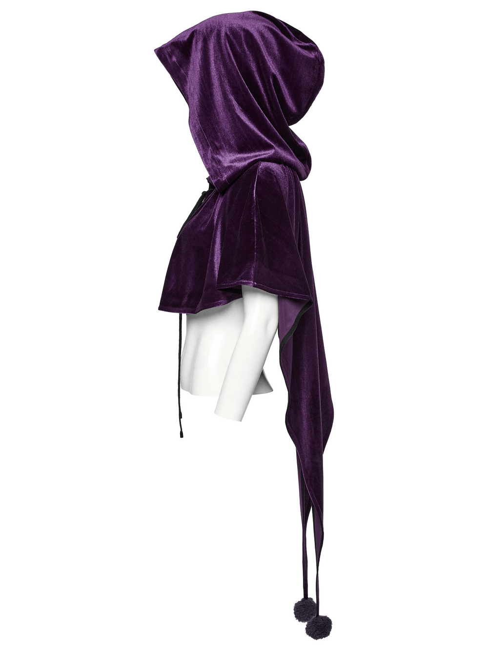 Purple velvet hooded cape with drawstring front and playful fur ball ties, perfect for fantasy and gothic styles.