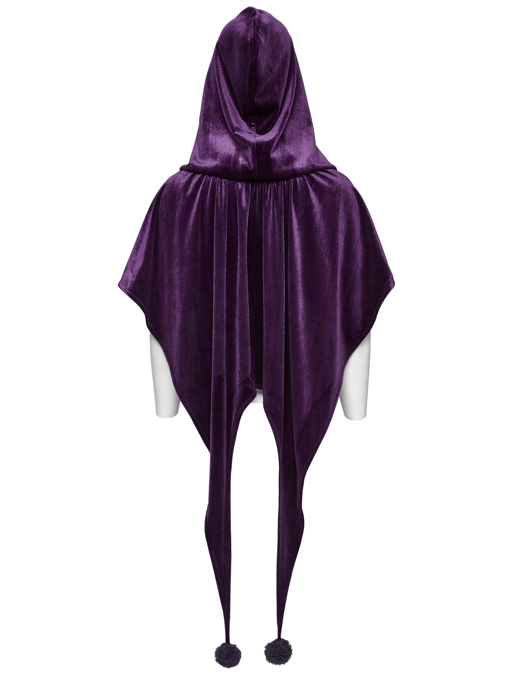 Women’s purple velvet hooded cape with drawstring front and playful fur ball tips for a whimsical, elven-inspired look.