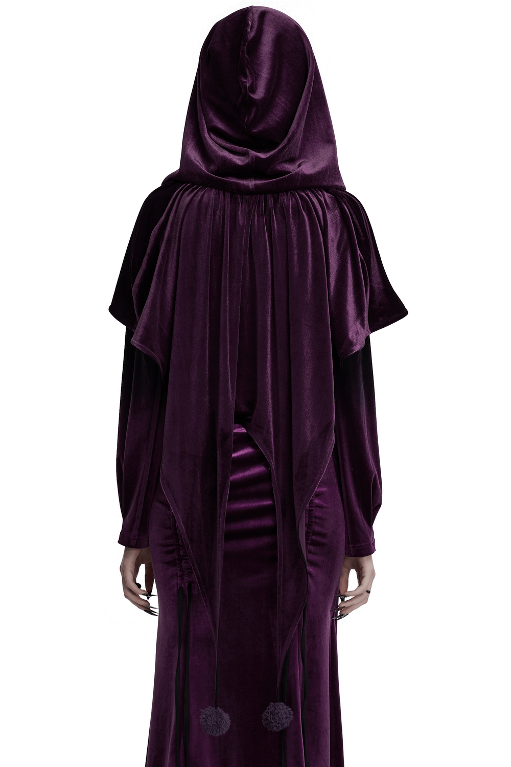 Back view of Women's purple velvet hooded cape with drawstring front and whimsical fur ball ties, perfect for fantasy outfits.