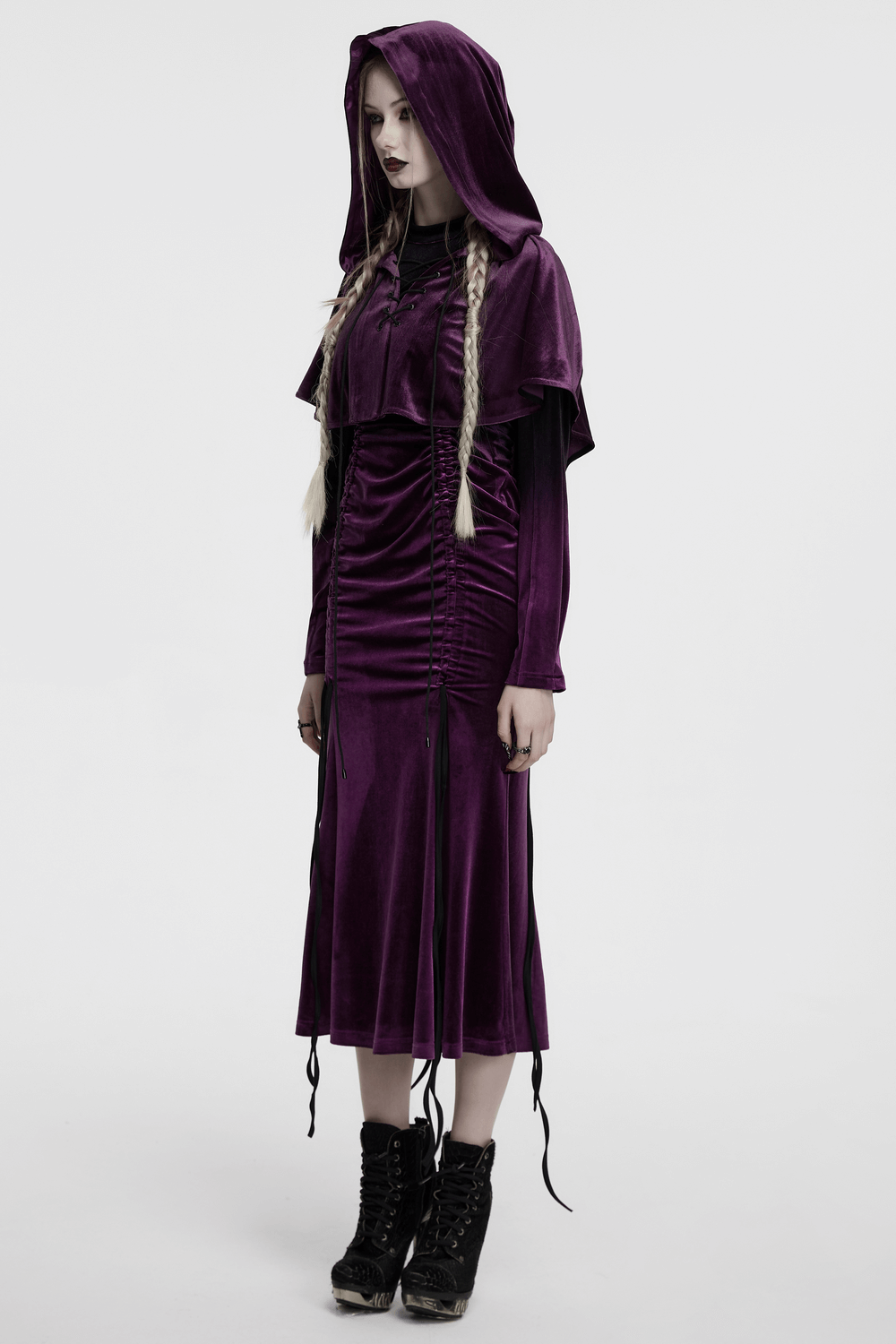 Women's purple velvet hooded cape with drawstring, fur ball ties, and minimalist elven-inspired design.