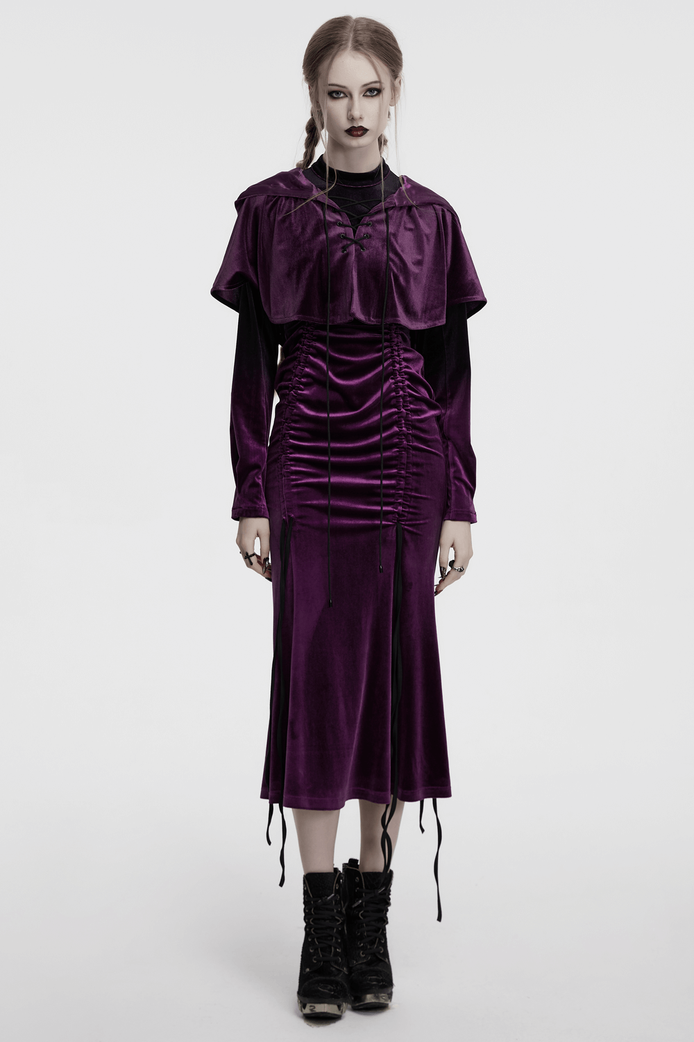 Women's purple velvet hooded cape dress featuring drawstring front and dramatic hem for a gothic fantasy look.