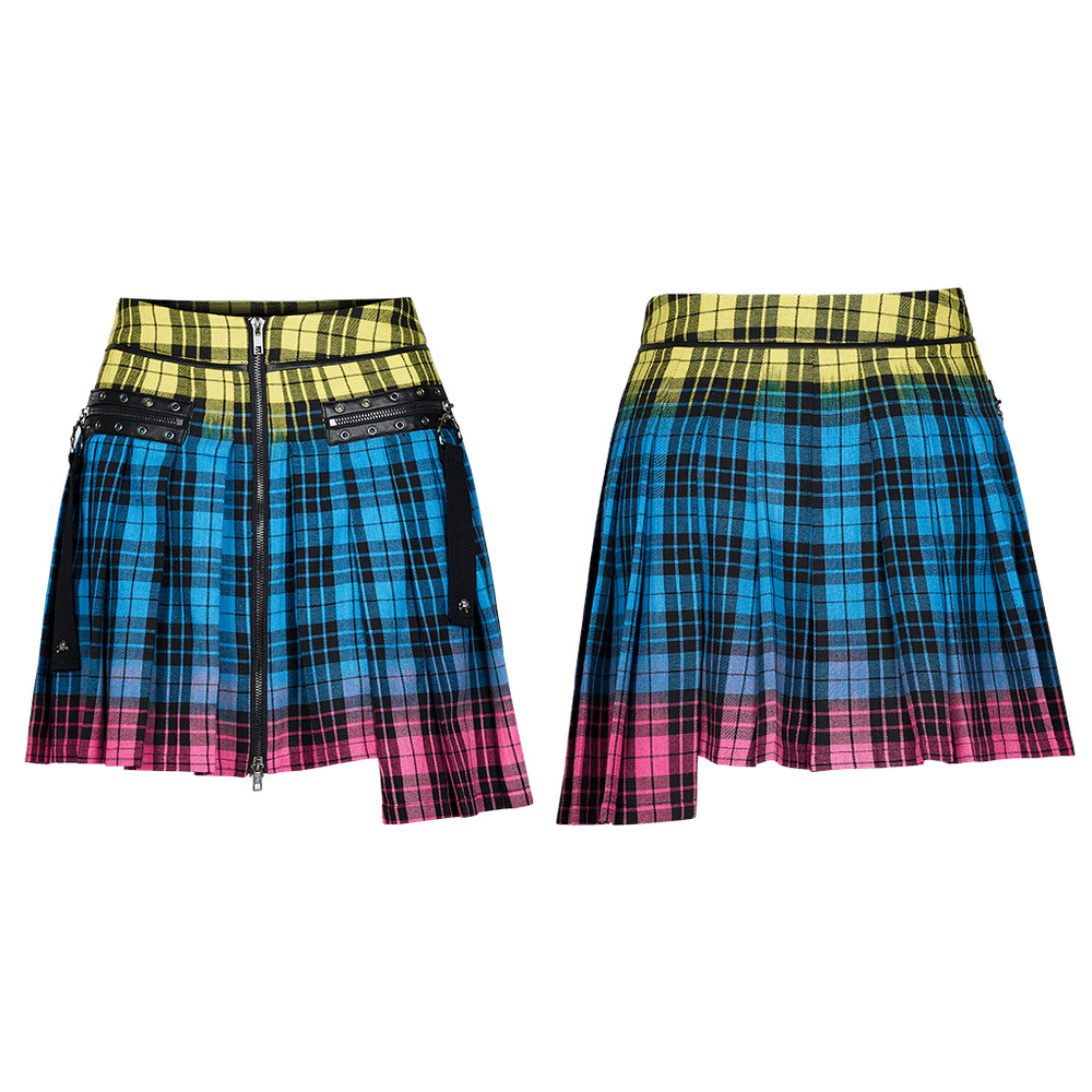 Women's Vibrant Punk Plaid Zipper Irregular Skirt - HARD'N'HEAVY