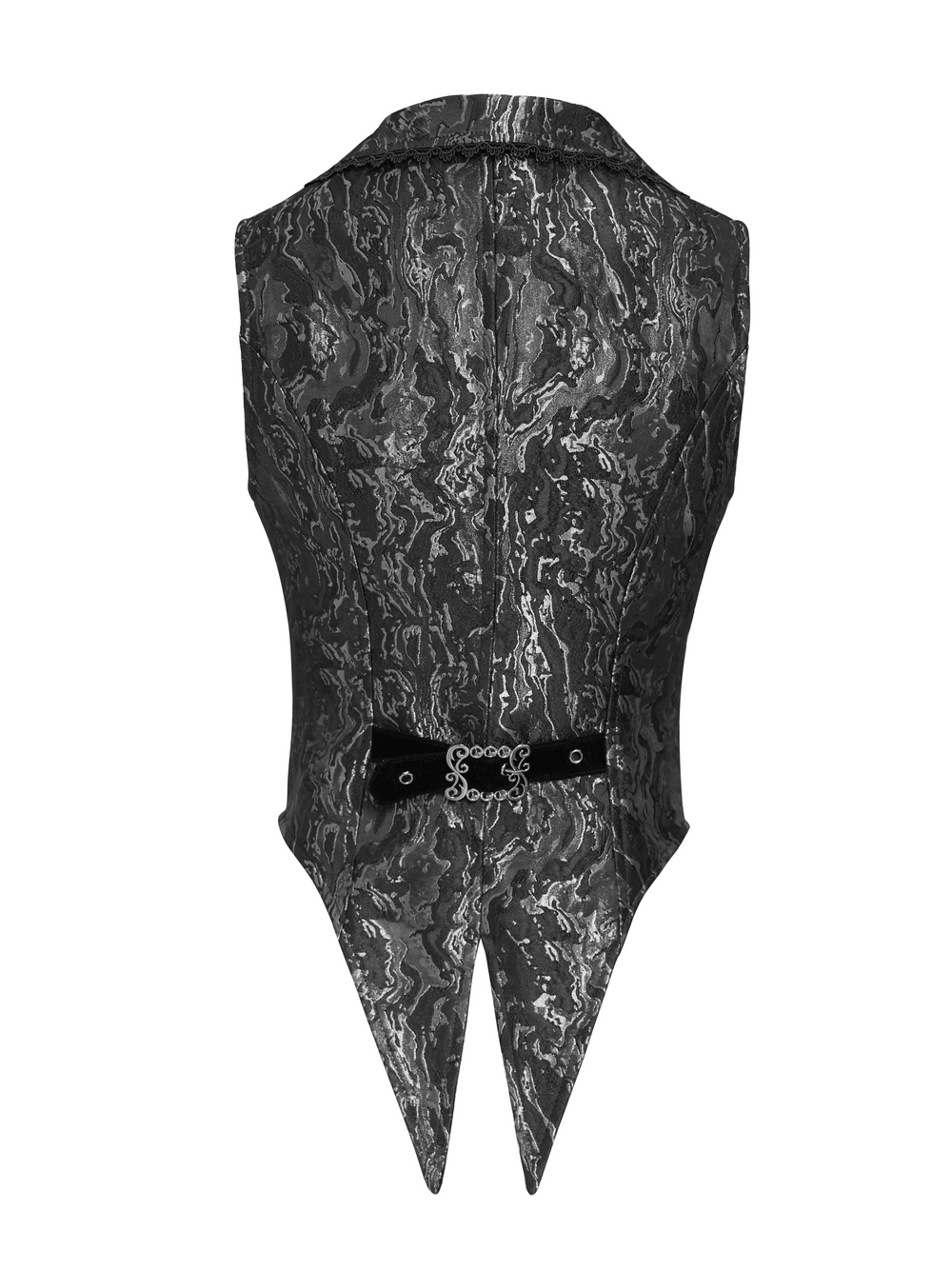 Women's Victorian Brocade Waistcoat with Cross Details back view showcasing intricate brocade and velvet accents.