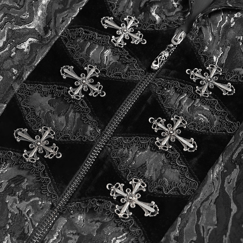 Women's Victorian Brocade Waistcoat with Cross Details showcasing silver-black brocade, velvet cross trim and ornate hardware.
