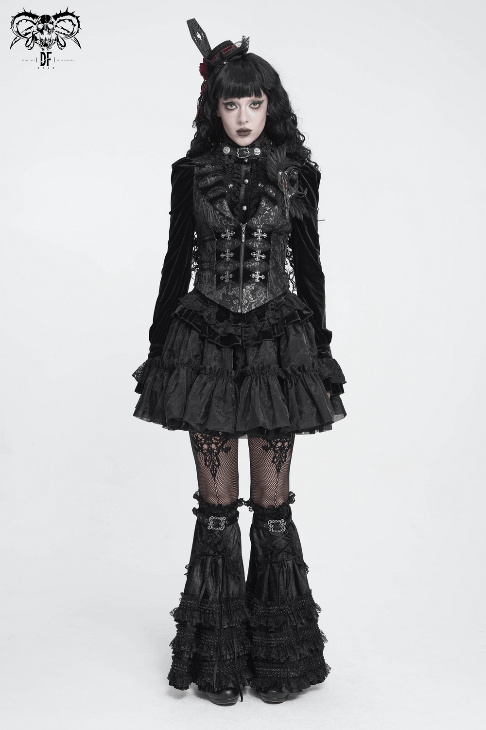 Women's Victorian Brocade Waistcoat with Cross Details showcased in gothic style with elaborate lace and velvet design.