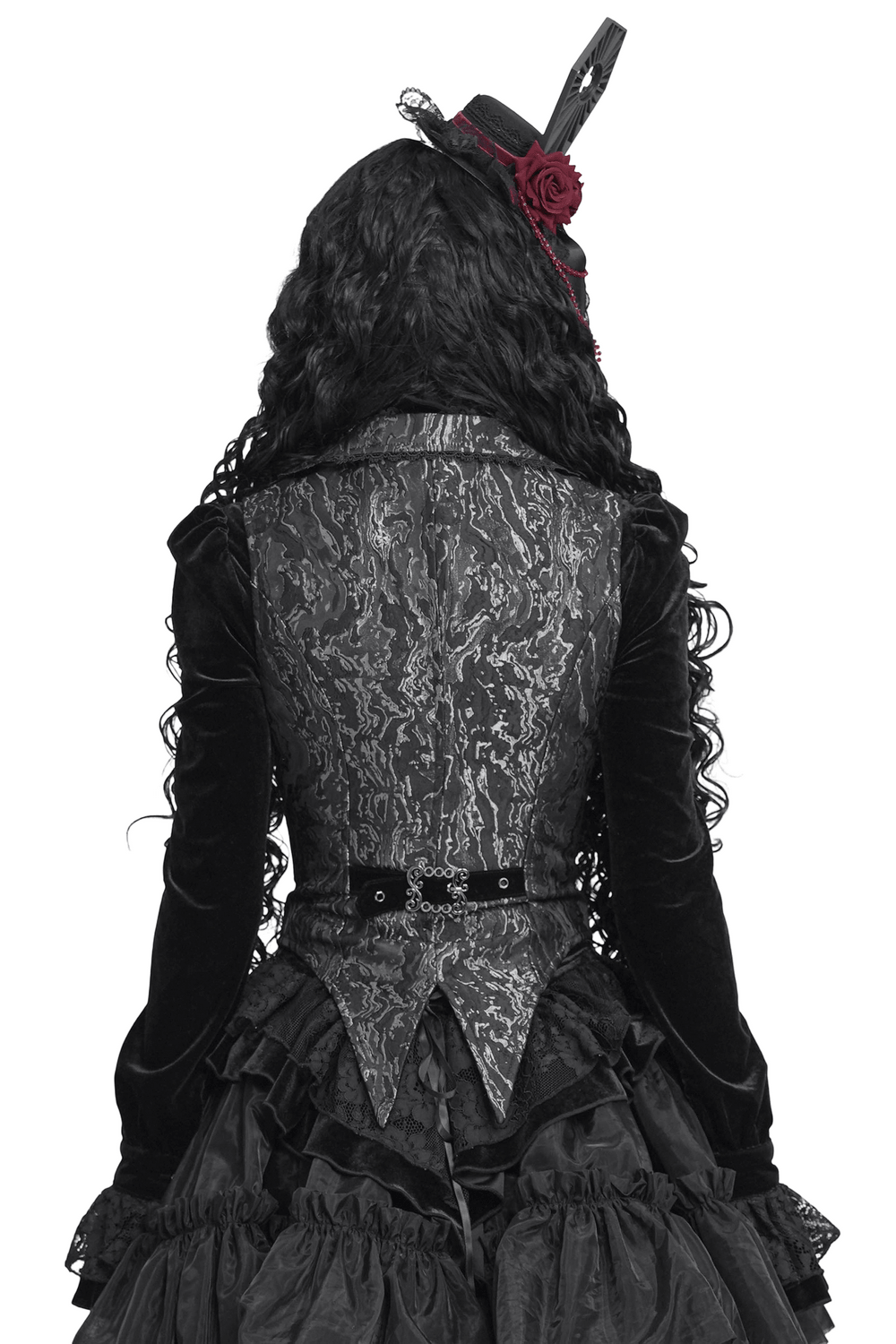 Women's Victorian Brocade Waistcoat with Cross Details featuring ornate design and luxurious black velvet.