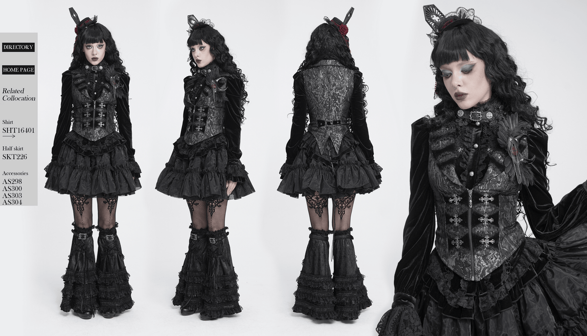 Women's Victorian Brocade Waistcoat with Cross Details showcased in gothic style with velvet and lace.
