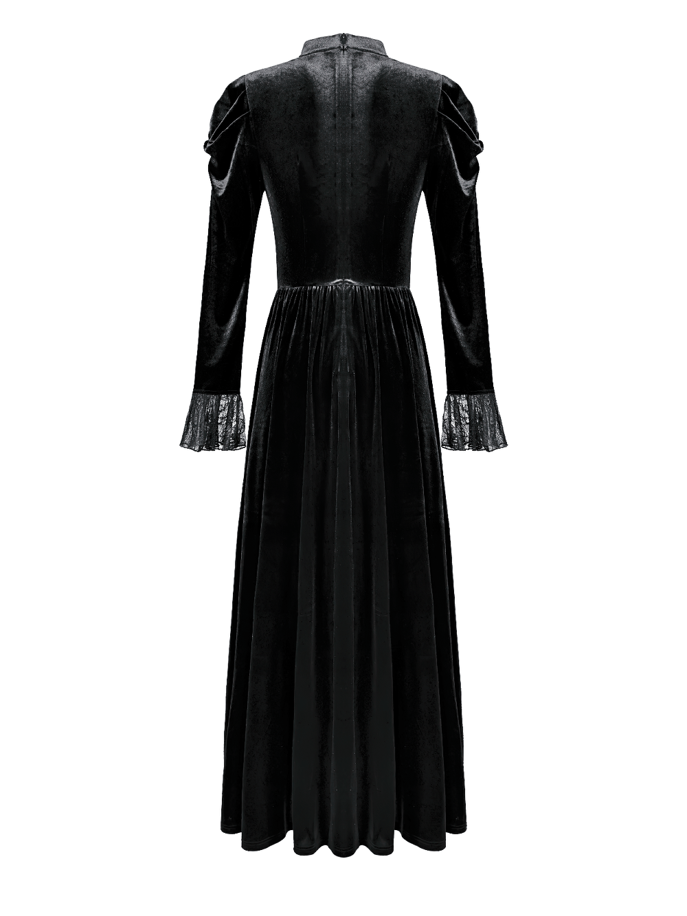 Women's Victorian Gothic Black Velvet Lace Maxi Dress, black gothic velvet long sleeve gown with lace cuffs and dramatic flare