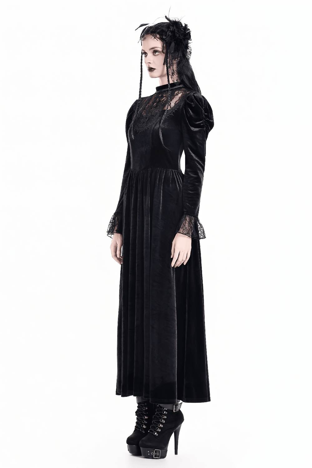 Women's Victorian Gothic Black Velvet Lace Maxi Dress, dark romantic long sleeve black lace gown with high neckline