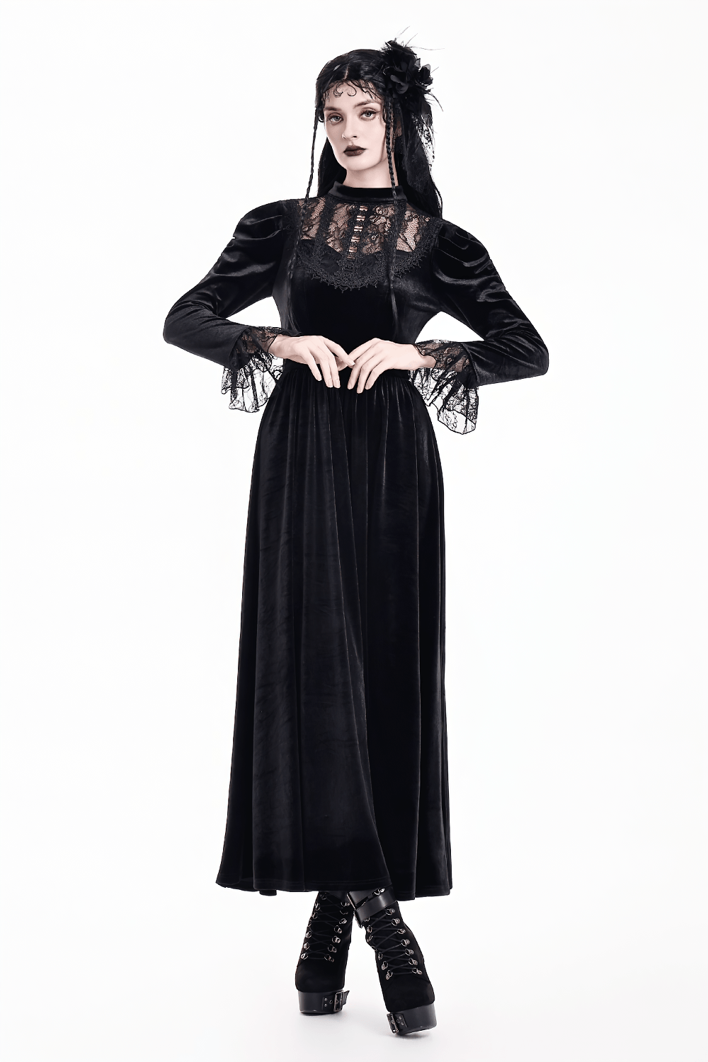 Women's Victorian Gothic Black Velvet Lace Maxi Dress, long sleeve dark academia gothic gown with lace yoke