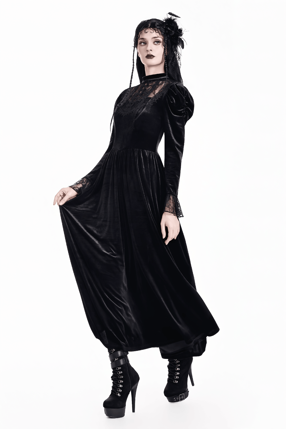 Women's Victorian Gothic Black Velvet Lace Maxi Dress, romantic dark academia long sleeve gothic gown with floral lace yoke