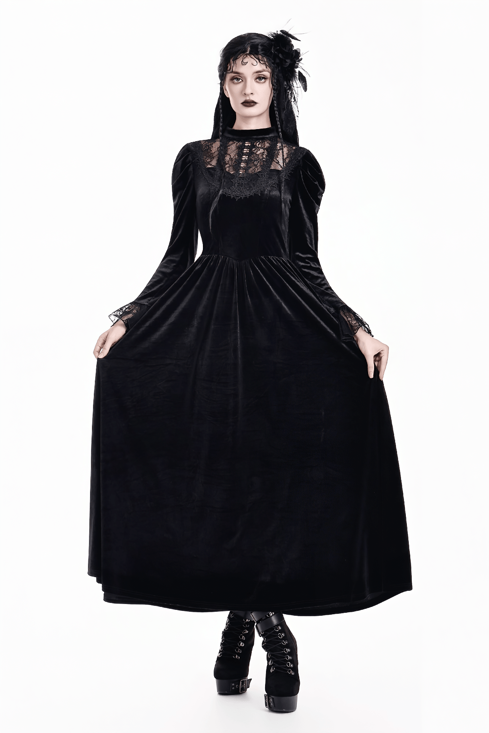 Women's Victorian Gothic Black Velvet Lace Maxi Dress, dark academia long sleeve gothic gown with floral lace yoke