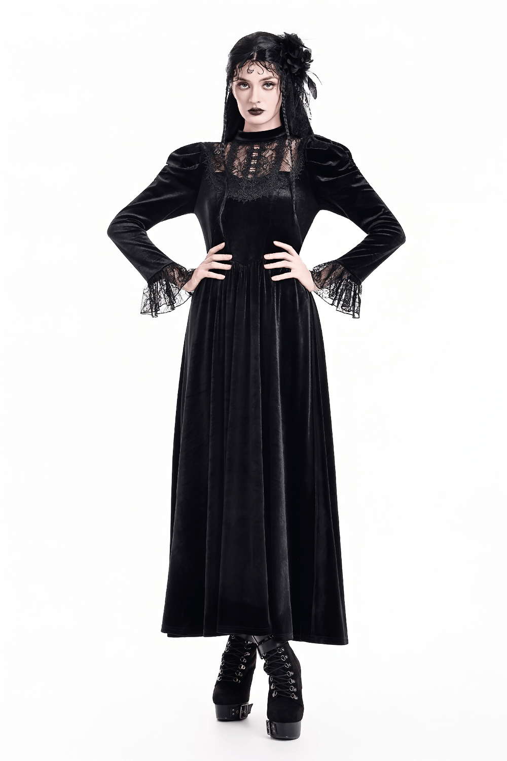 Women's Victorian Gothic Black Velvet Lace Maxi Dress in dark romantic style with long sleeves and lace detailing