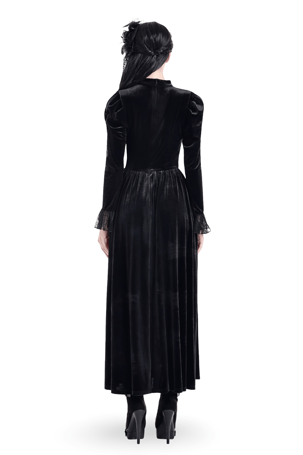 Women's Victorian Gothic Black Velvet Lace Maxi Dress, back view of elegant long-sleeve dark romantic gown