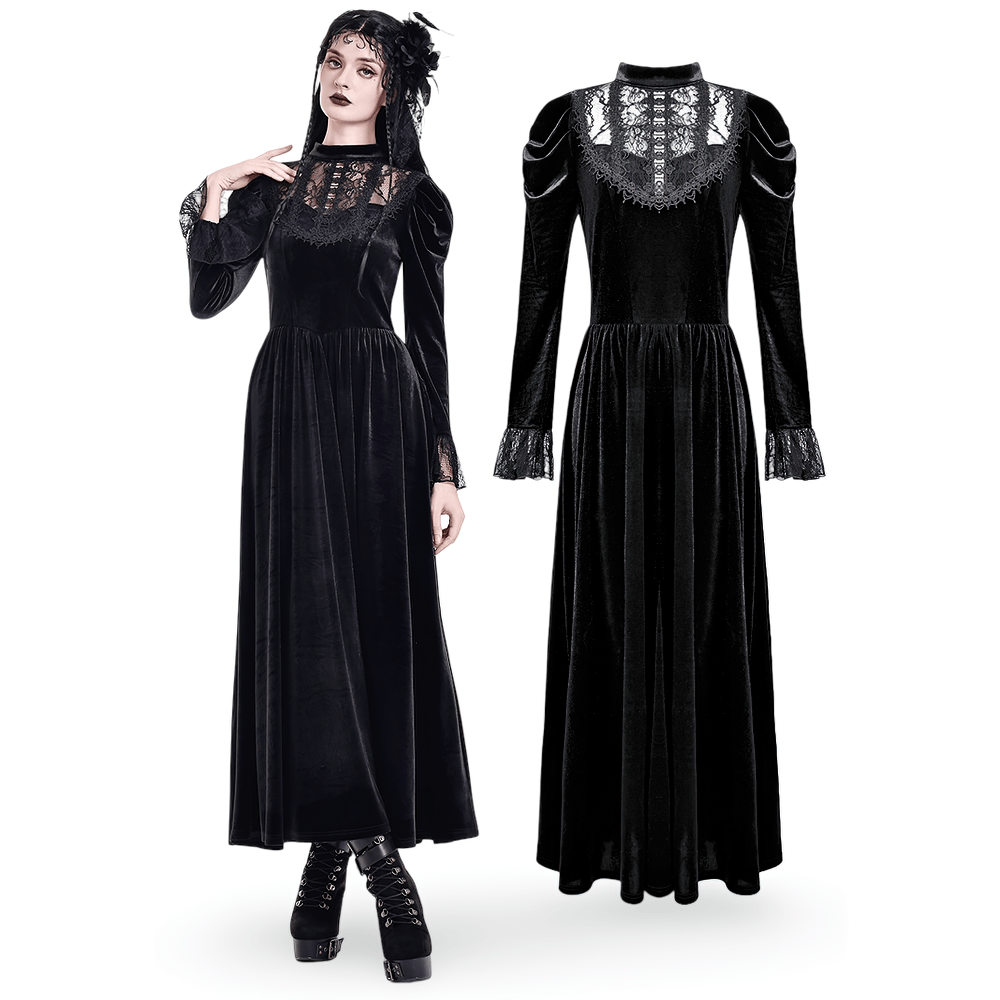 Women's Victorian Gothic Black Velvet Lace Maxi Dress, black long sleeve lace yoke evening gown with puffed shoulders
