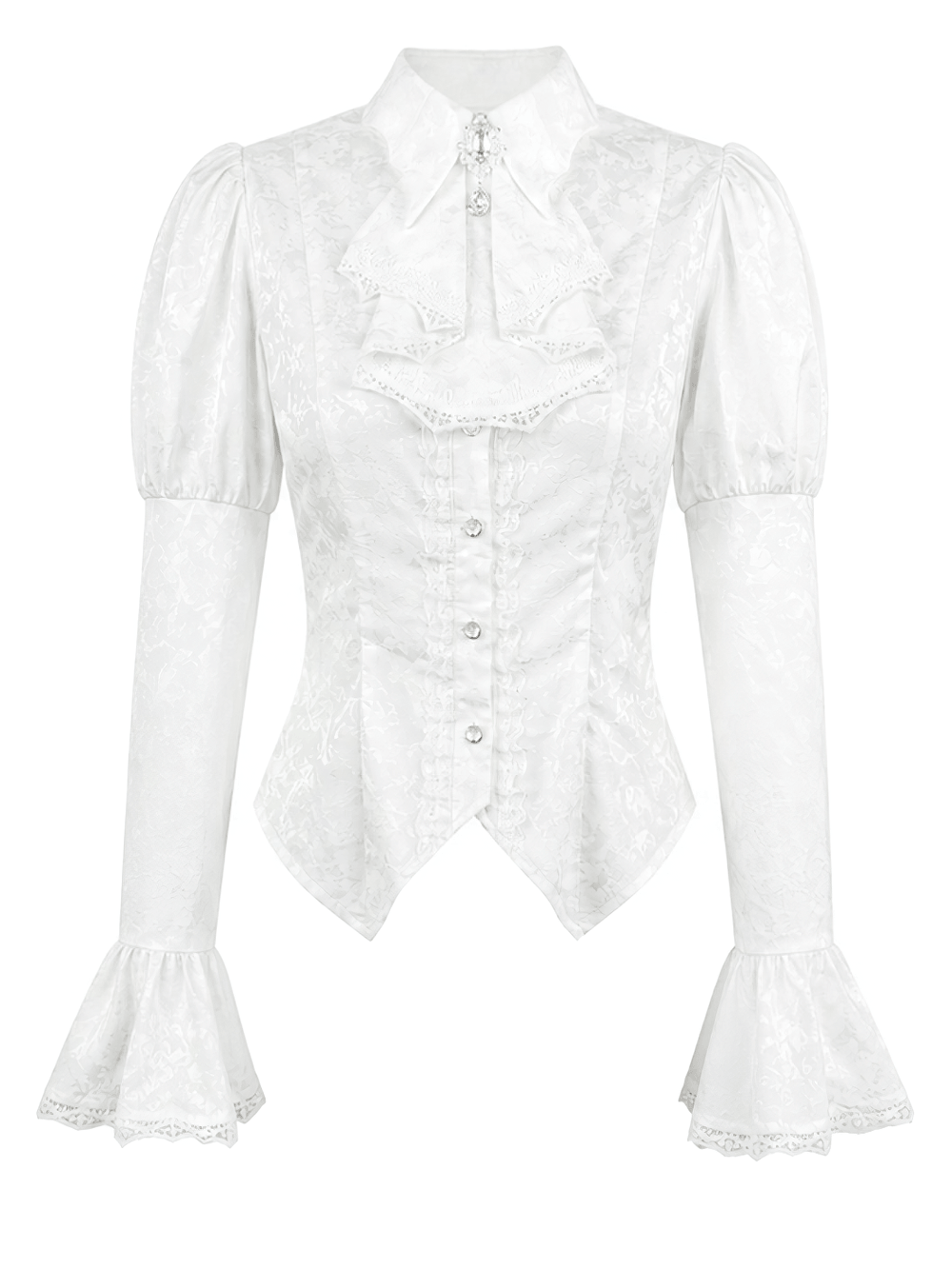 Women's Victorian Gothic Blouse with Corset Lace-Up Back white romantic goth shirt with ruffles and bell sleeves