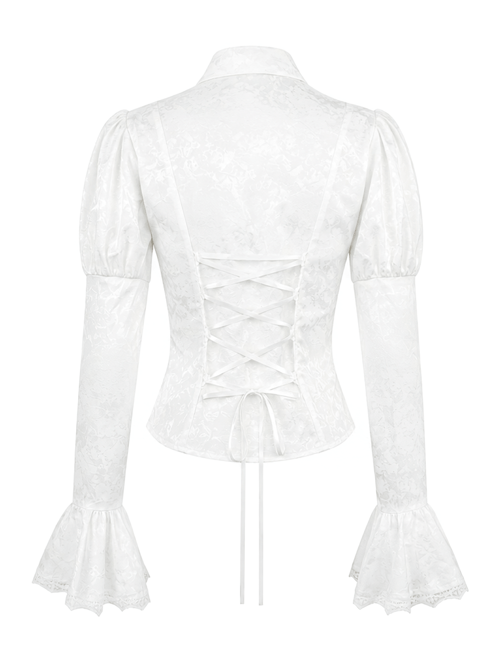 Women's Victorian Gothic Blouse with Corset Lace-Up Back, white romantic goth shirt with ruffles and bell sleeves