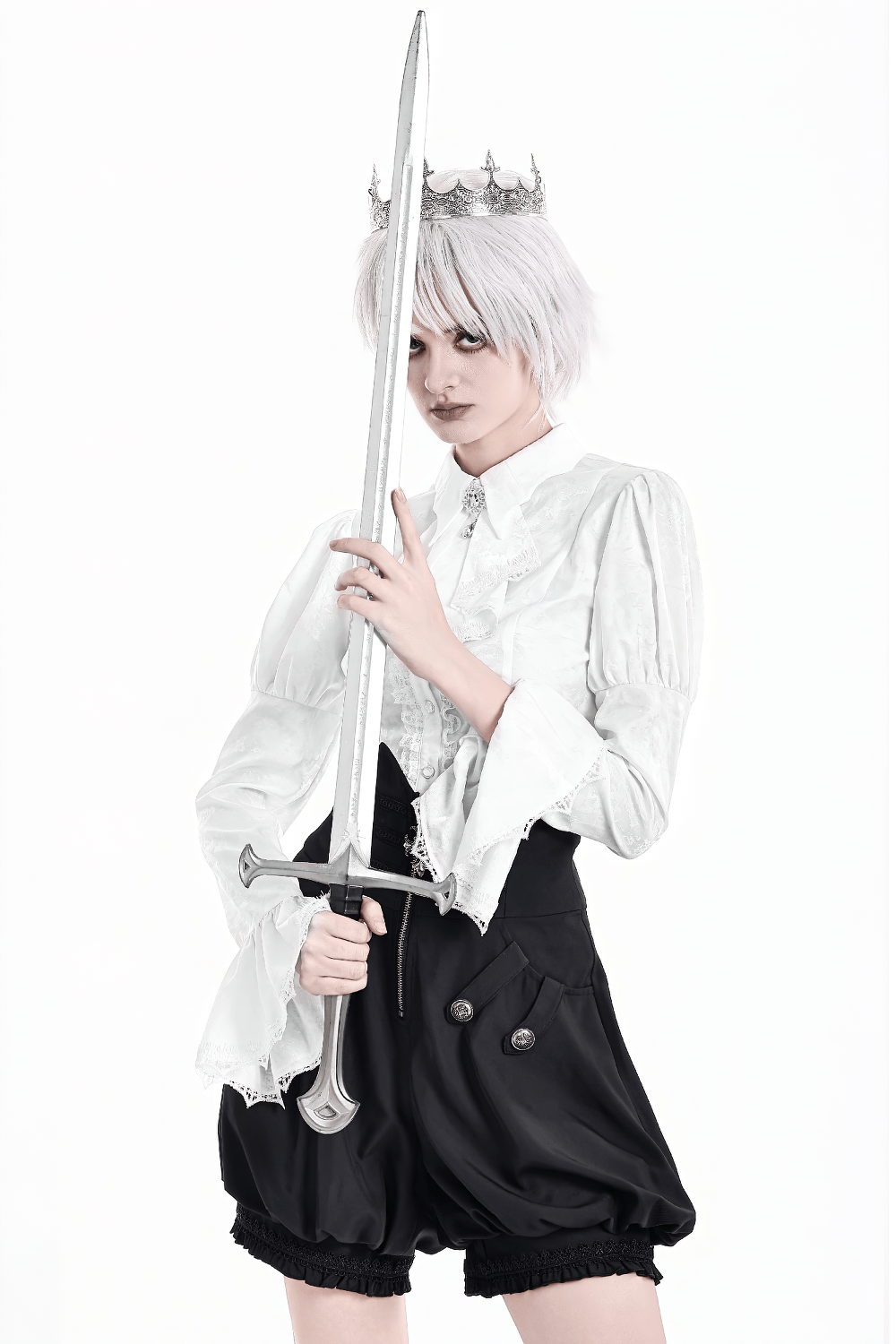 Women's Victorian Gothic Blouse with Corset Lace-Up Back, white romantic goth shirt with ruffles and bell sleeves