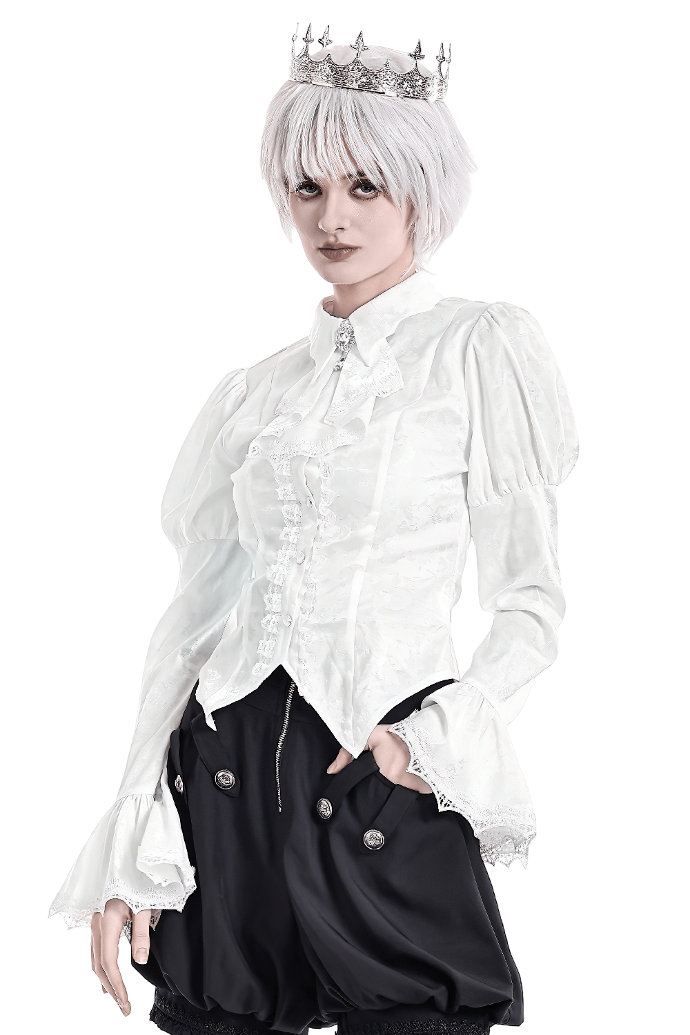 Women's Victorian Gothic Blouse with Corset Lace-Up Back white romantic goth shirt with ruffles, bell sleeves, and crown