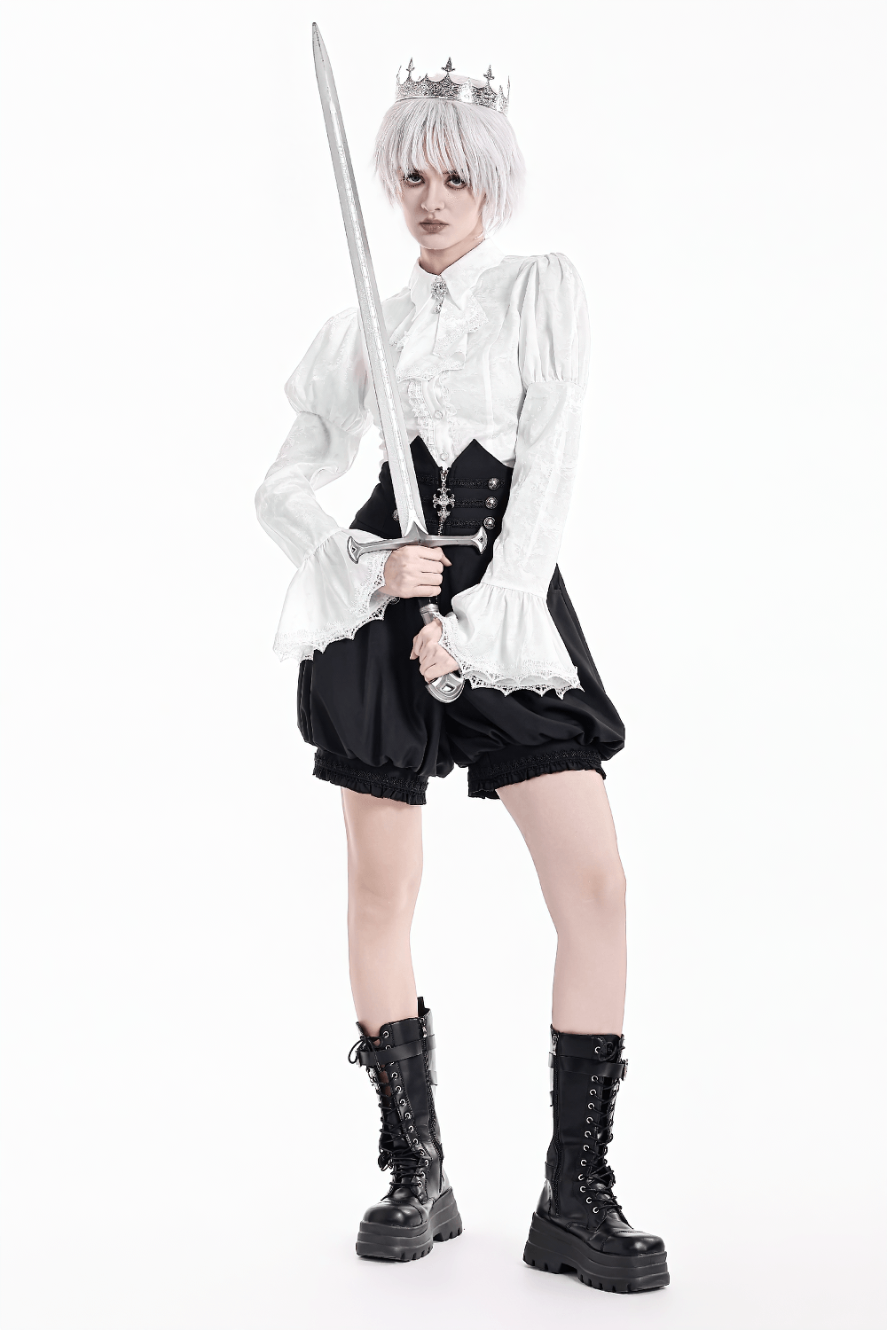 Women's Victorian Gothic Blouse with Corset Lace-Up Back white romantic goth blouse with ruffles and bell sleeves, crowned sword pose