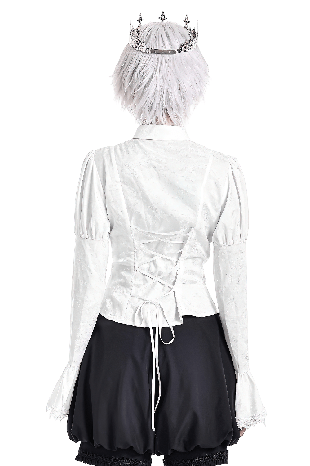 Women's Victorian Gothic Blouse with Corset Lace-Up Back, white romantic goth shirt with ruffles and bell sleeves